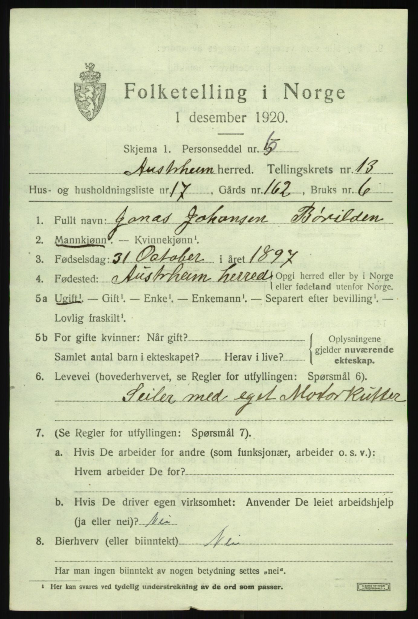 SAB, 1920 census for Austrheim, 1920, p. 4716