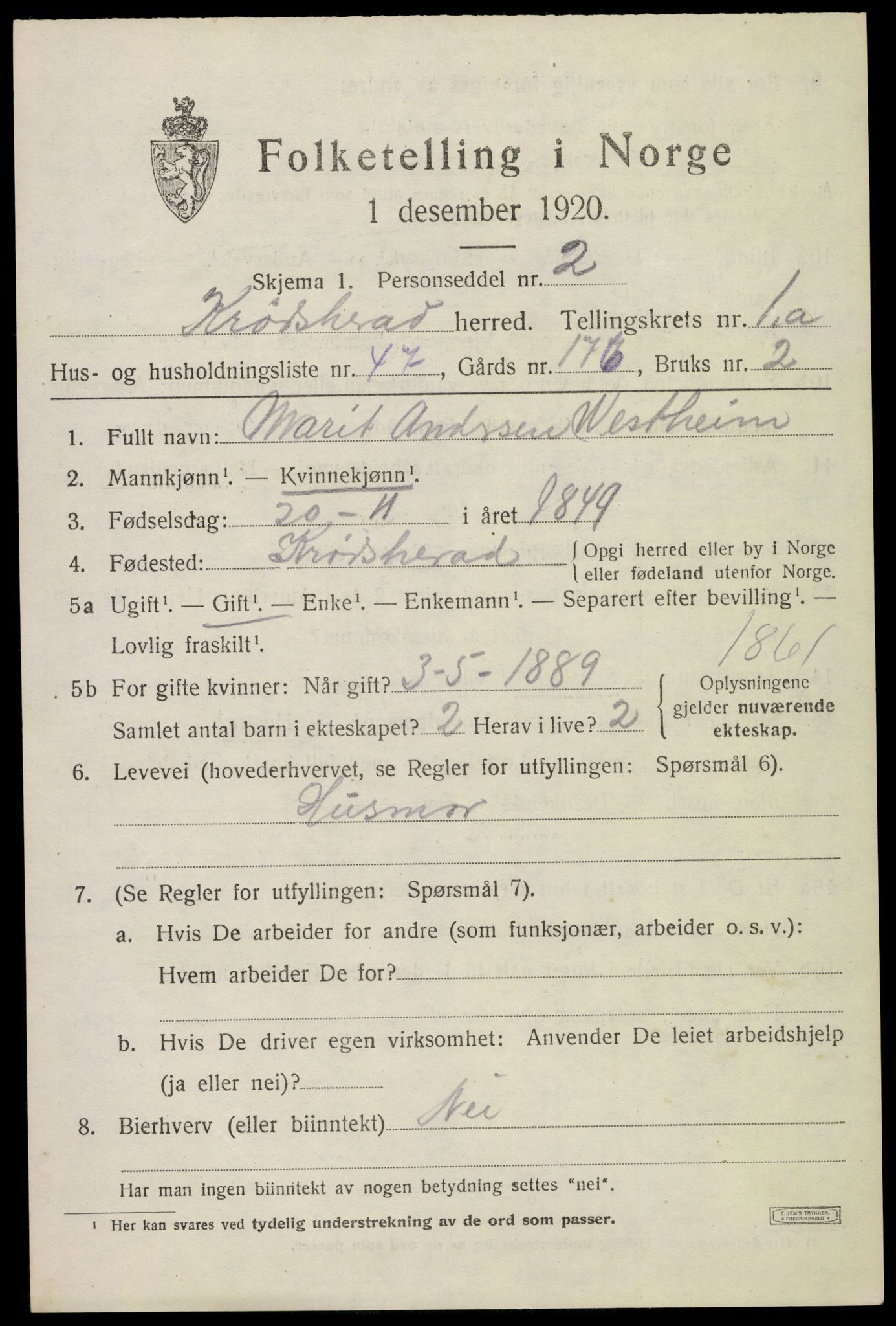 SAKO, 1920 census for Krødsherad, 1920, p. 1521