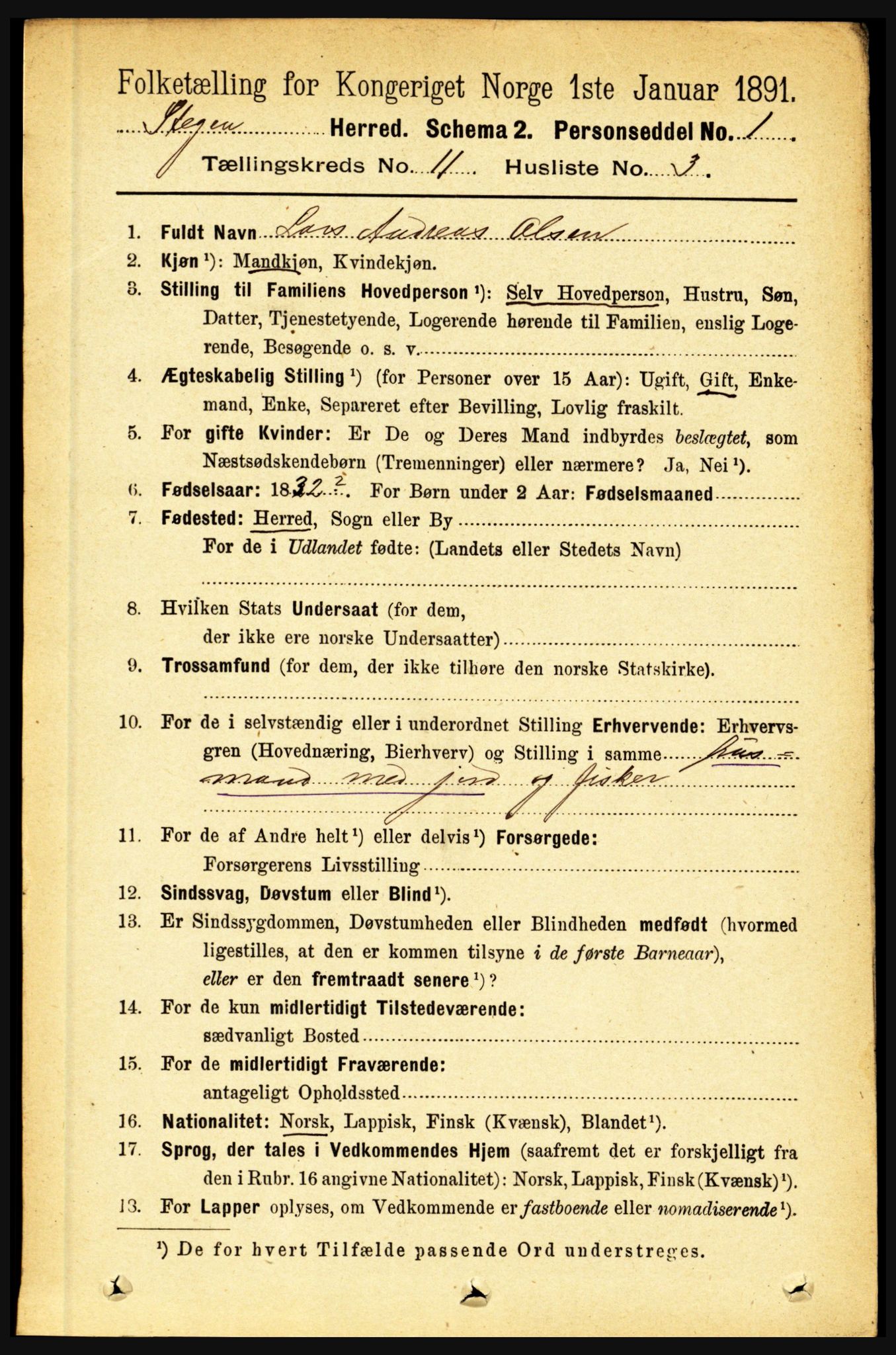 RA, 1891 census for 1848 Steigen, 1891, p. 3795