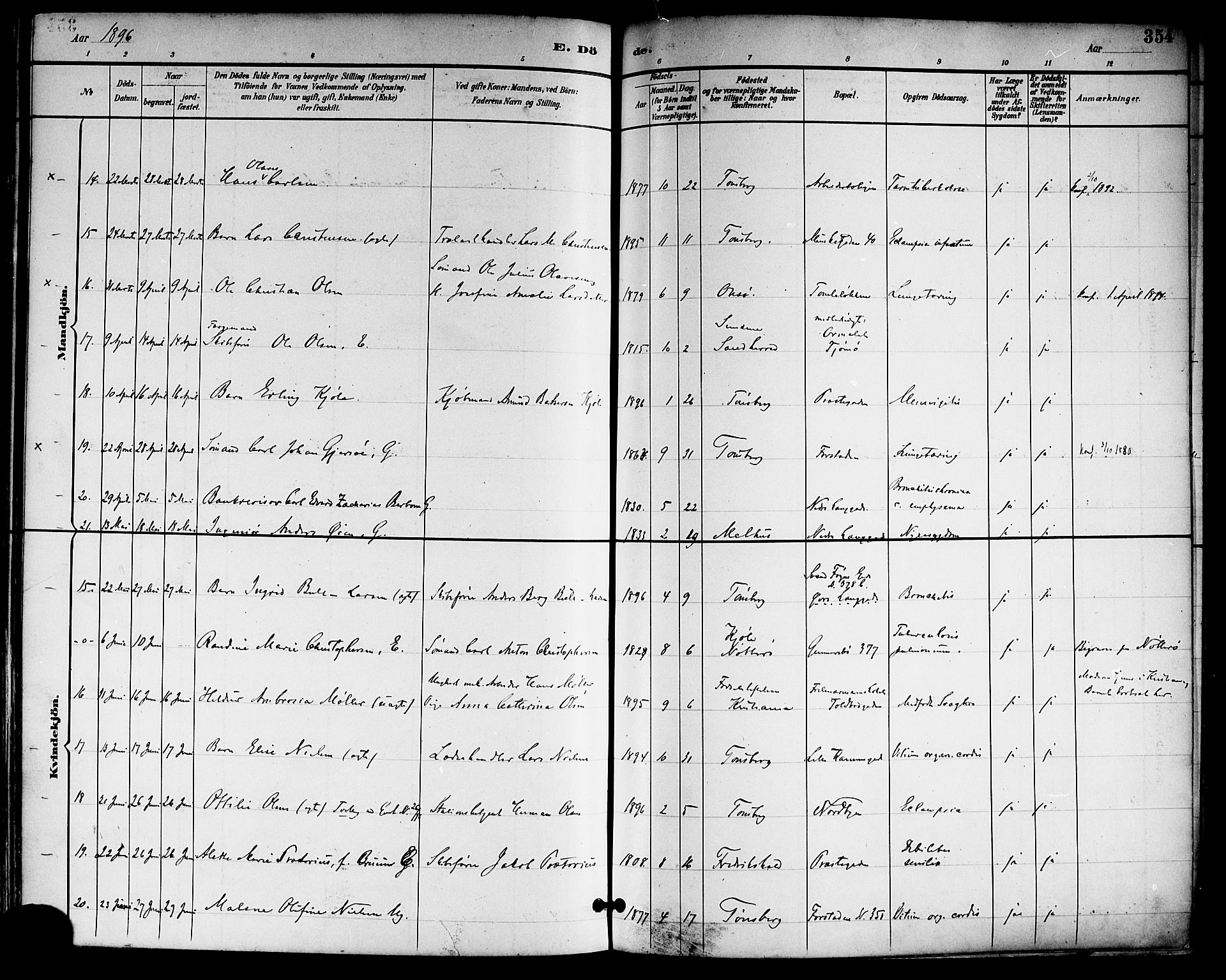 Tønsberg kirkebøker, AV/SAKO-A-330/F/Fa/L0012: Parish register (official) no. I 12, 1891-1899, p. 354