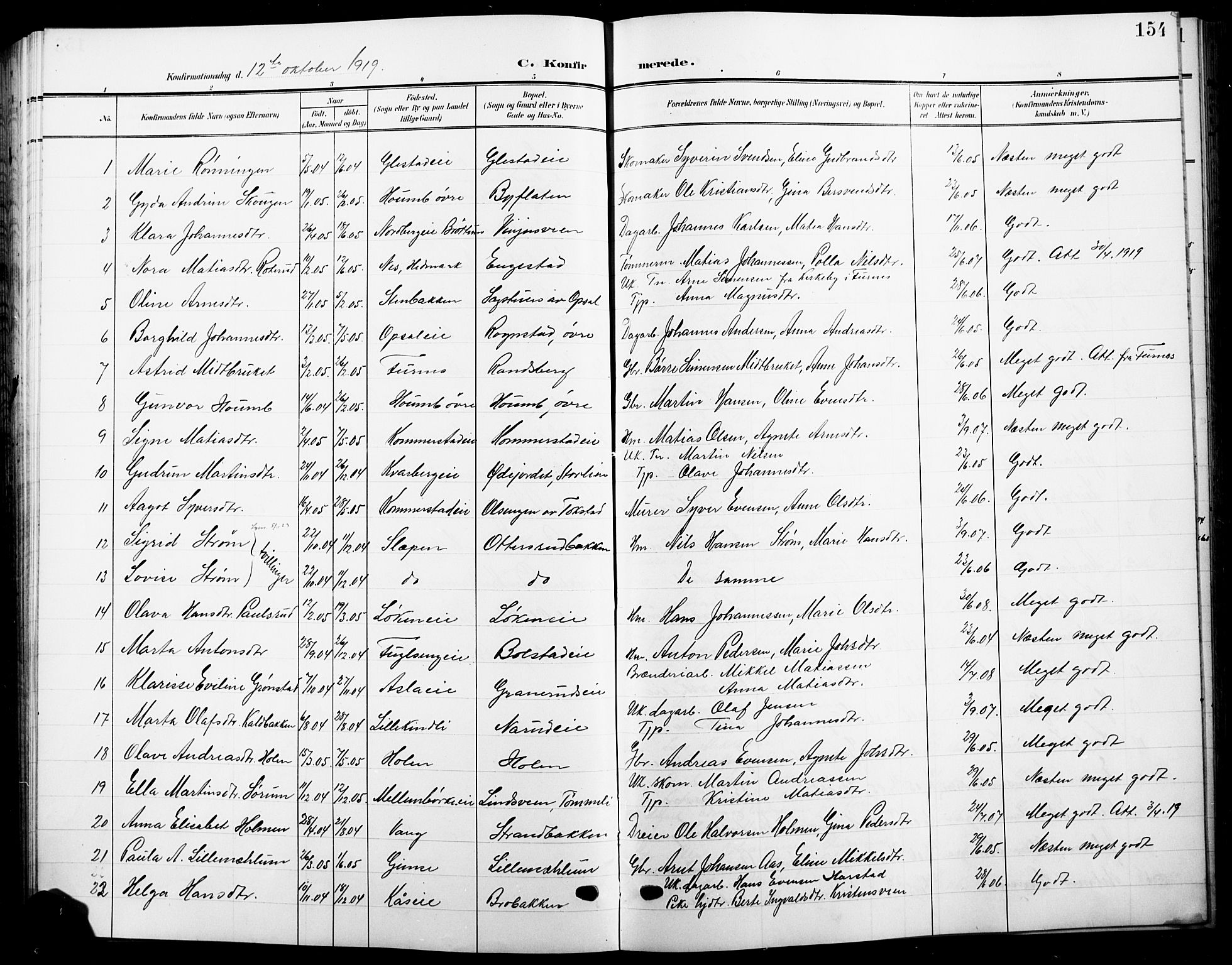 Ringsaker prestekontor, SAH/PREST-014/L/La/L0017: Parish register (copy) no. 17, 1905-1920, p. 154
