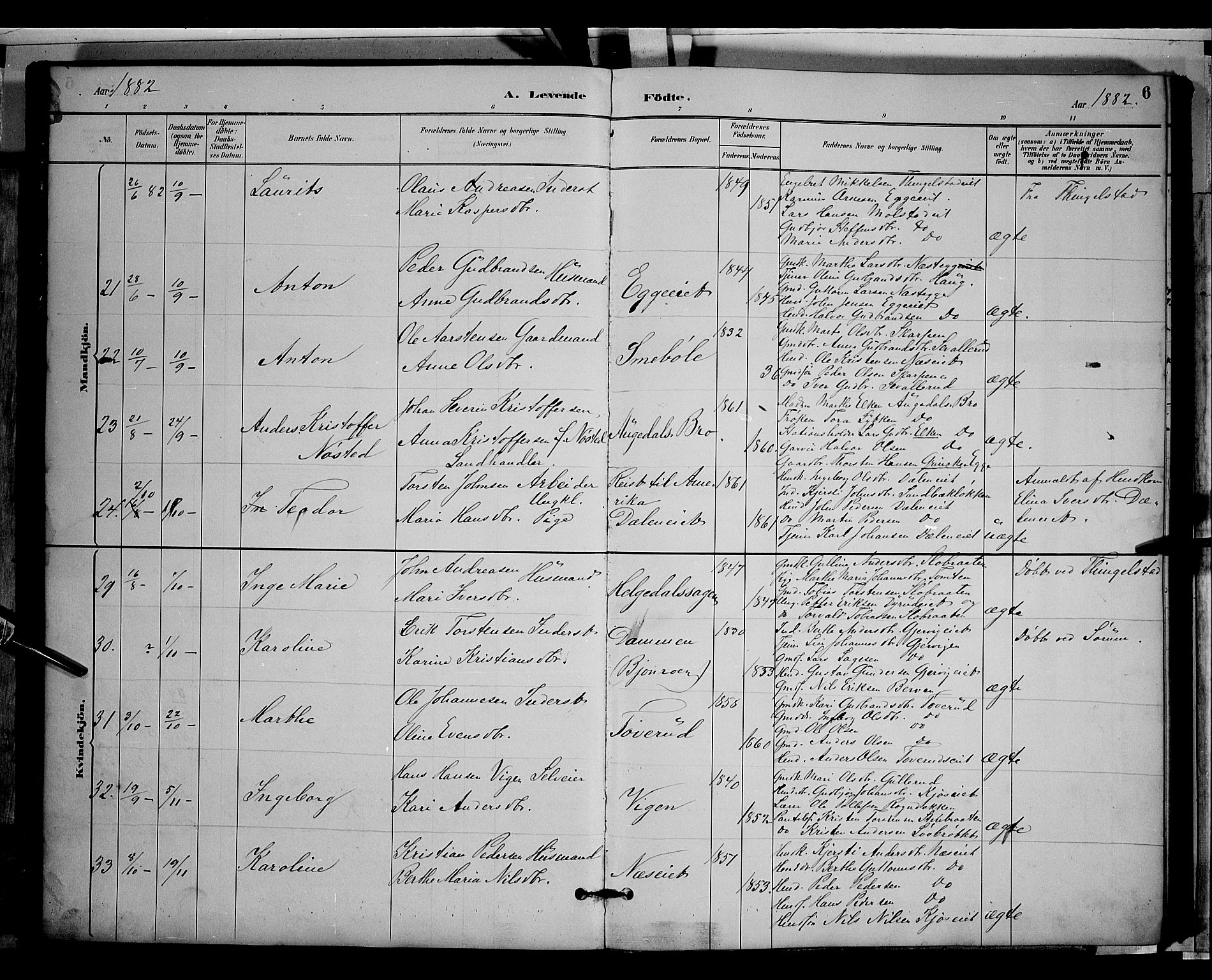 Gran prestekontor, AV/SAH-PREST-112/H/Ha/Hab/L0003: Parish register (copy) no. 3, 1882-1890, p. 6