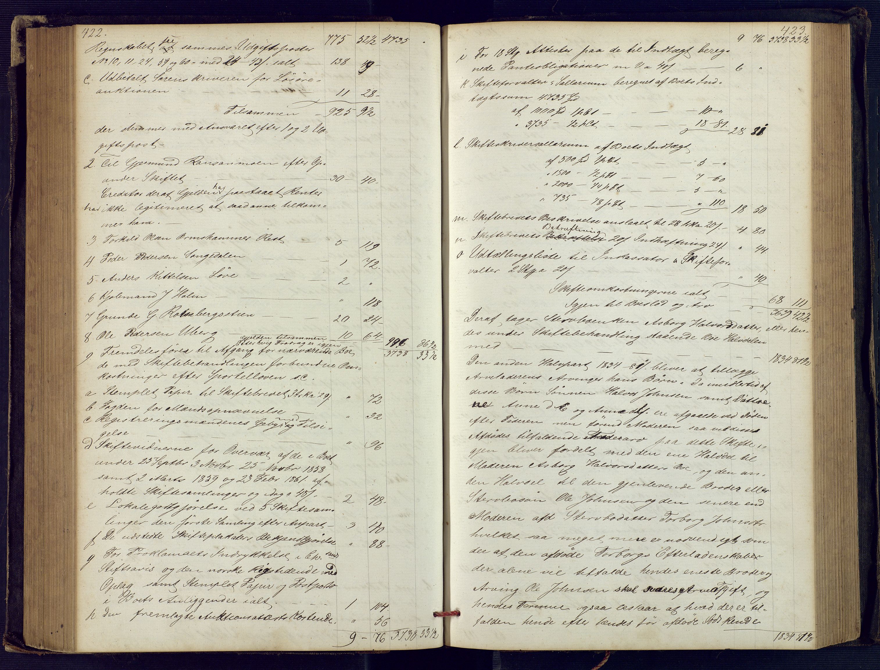 Holt sorenskriveri, SAK/1221-0002/H/Hc/L0029: Skifteutlodningsprotokoll nr. 4 med løst register, 1857-1862, p. 422-423