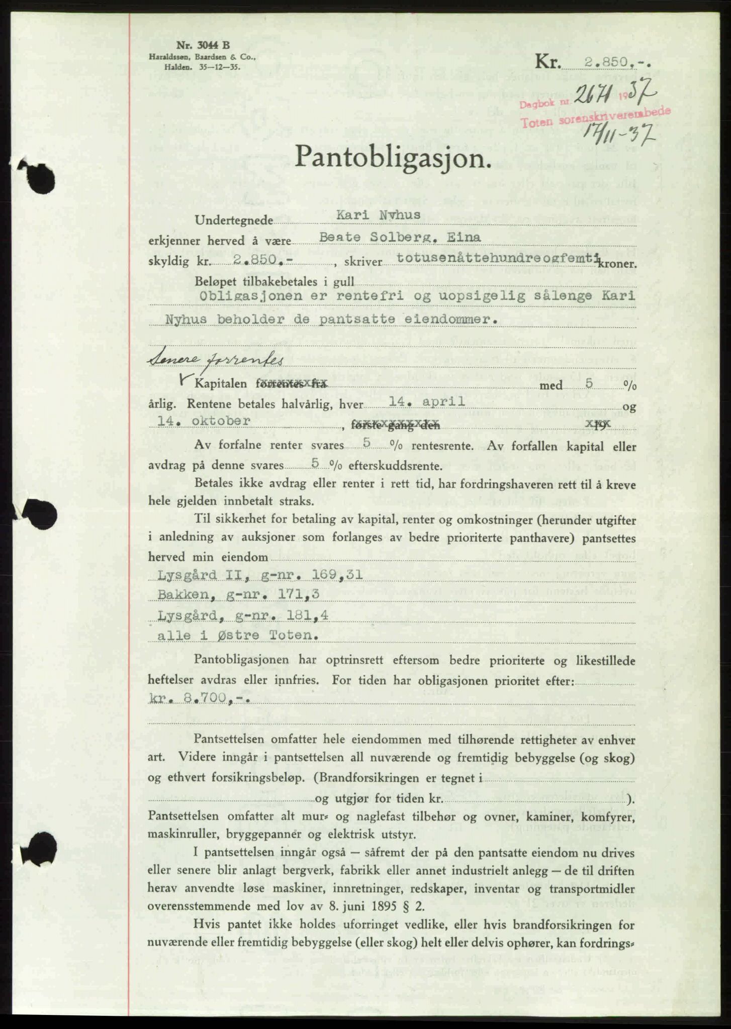 Toten tingrett, SAH/TING-006/H/Hb/Hbc/L0003: Mortgage book no. Hbc-03, 1937-1938, Diary no: : 2671/1937