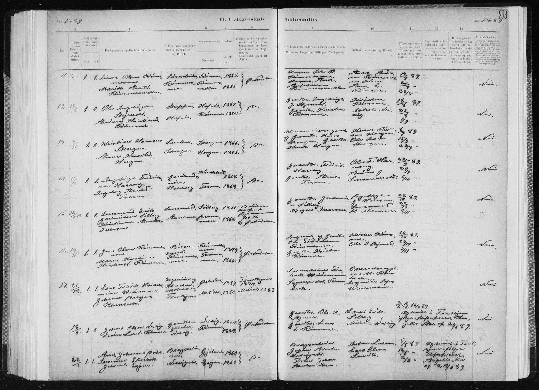 Ministerialprotokoller, klokkerbøker og fødselsregistre - Sør-Trøndelag, SAT/A-1456/668/L0818: Parish register (copy) no. 668C07, 1885-1898, p. 253