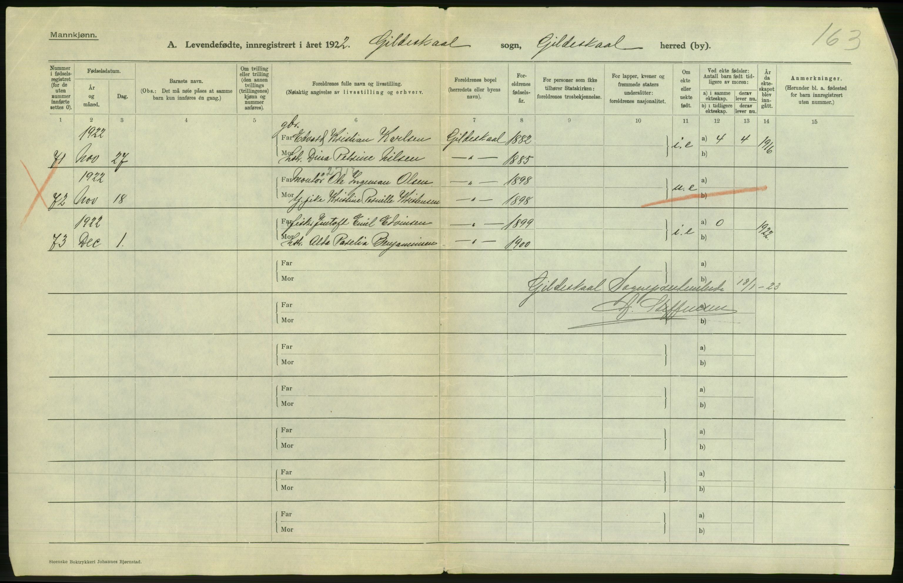 Statistisk sentralbyrå, Sosiodemografiske emner, Befolkning, AV/RA-S-2228/D/Df/Dfc/Dfcb/L0043: Nordland fylke: Levendefødte menn og kvinner. Bygder., 1922, p. 2