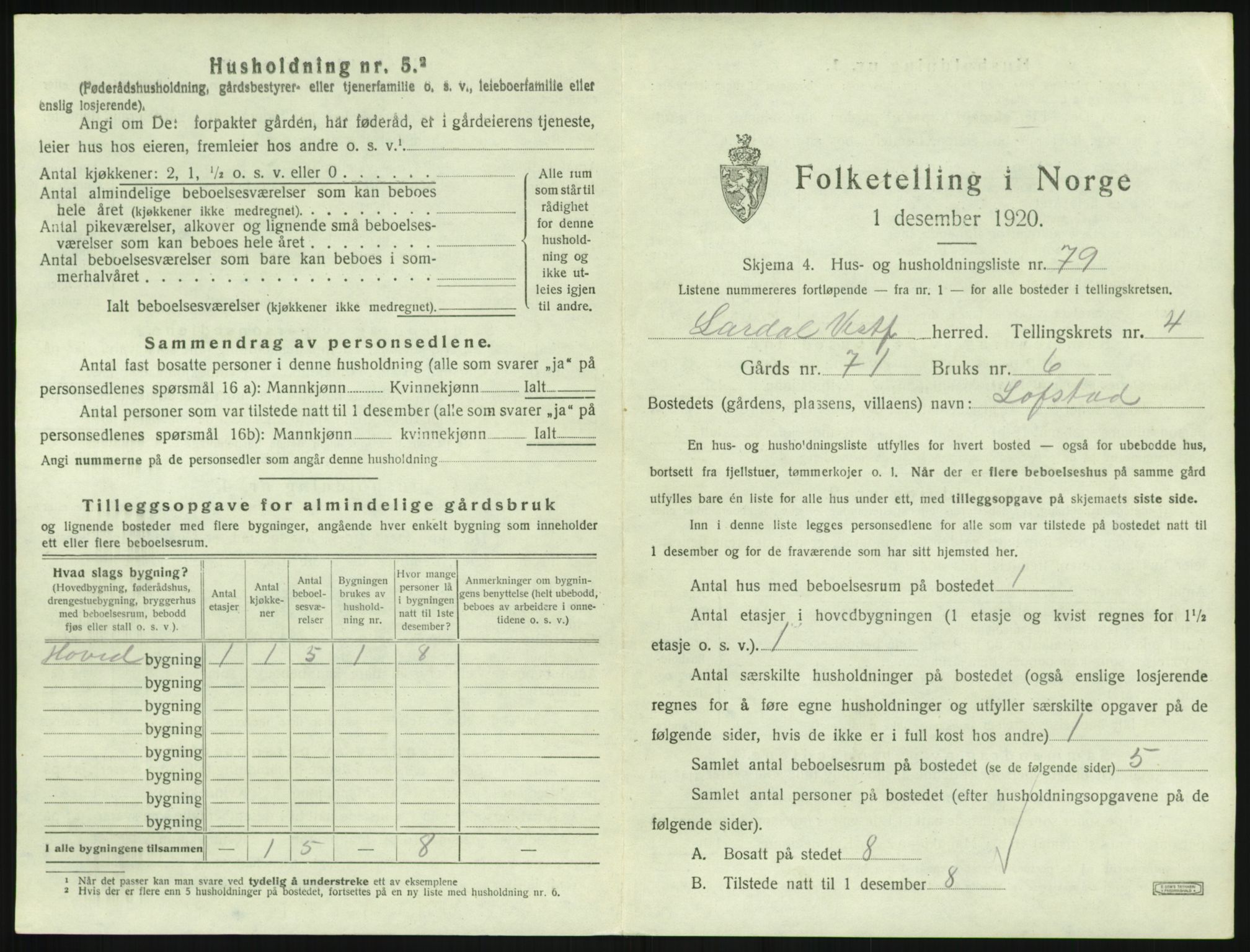 SAKO, 1920 census for Lardal, 1920, p. 665