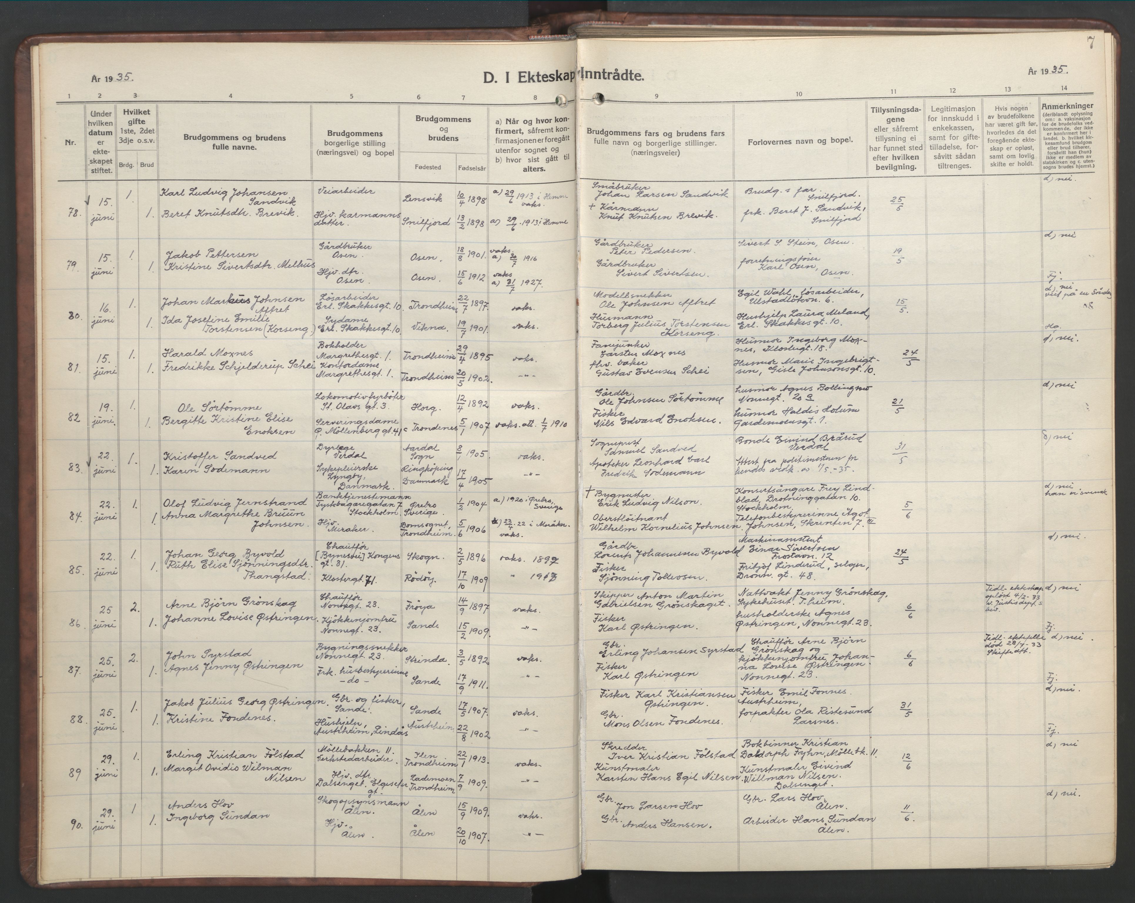 Ministerialprotokoller, klokkerbøker og fødselsregistre - Sør-Trøndelag, SAT/A-1456/601/L0101: Parish register (copy) no. 601C19, 1935-1946, p. 7