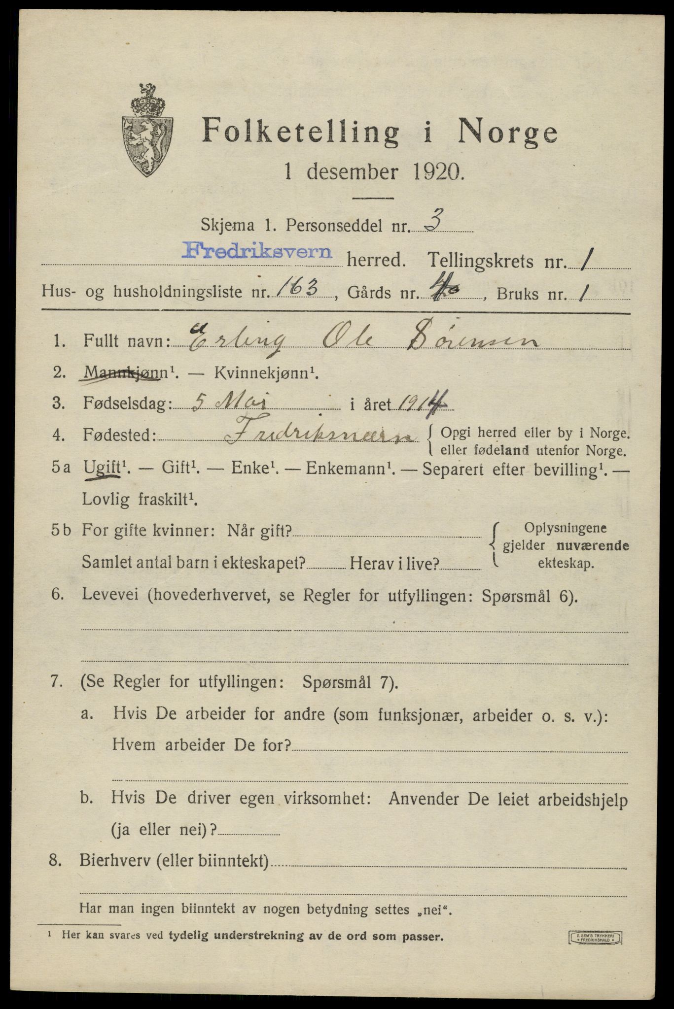 SAKO, 1920 census for Fredriksvern, 1920, p. 1487