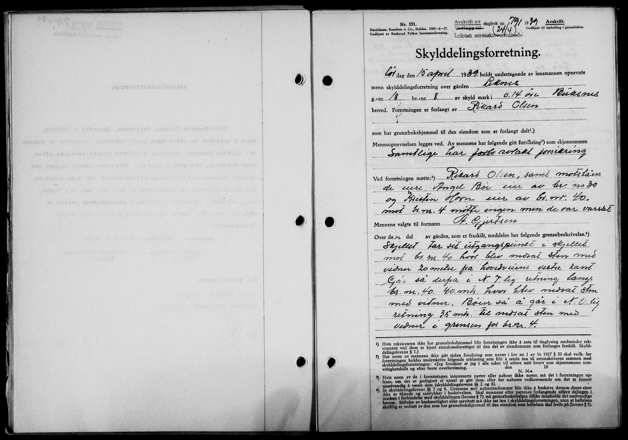 Lofoten sorenskriveri, SAT/A-0017/1/2/2C/L0005a: Mortgage book no. 5a, 1939-1939, Diary no: : 791/1939