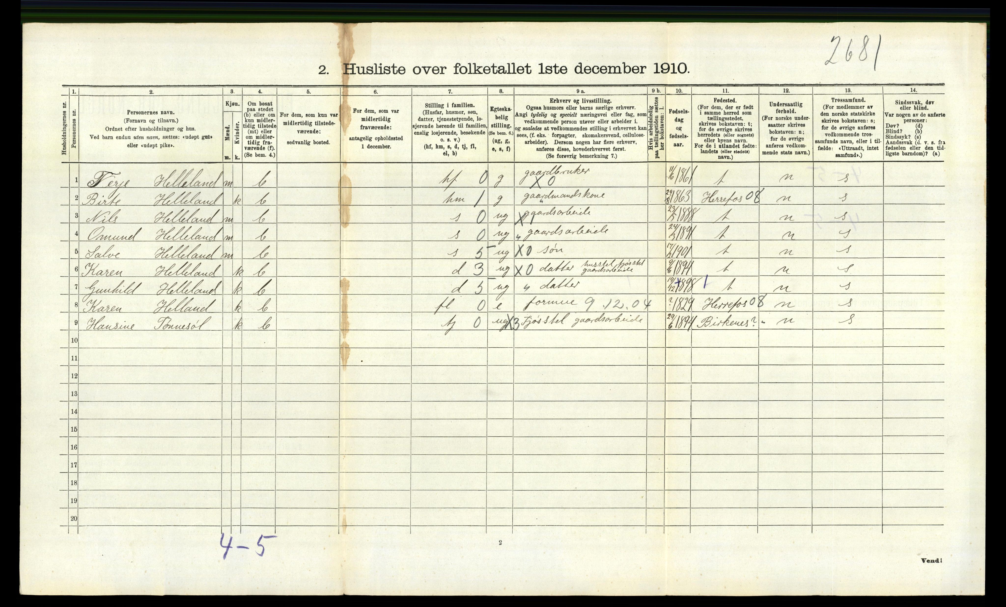 RA, 1910 census for Landvik, 1910, p. 827