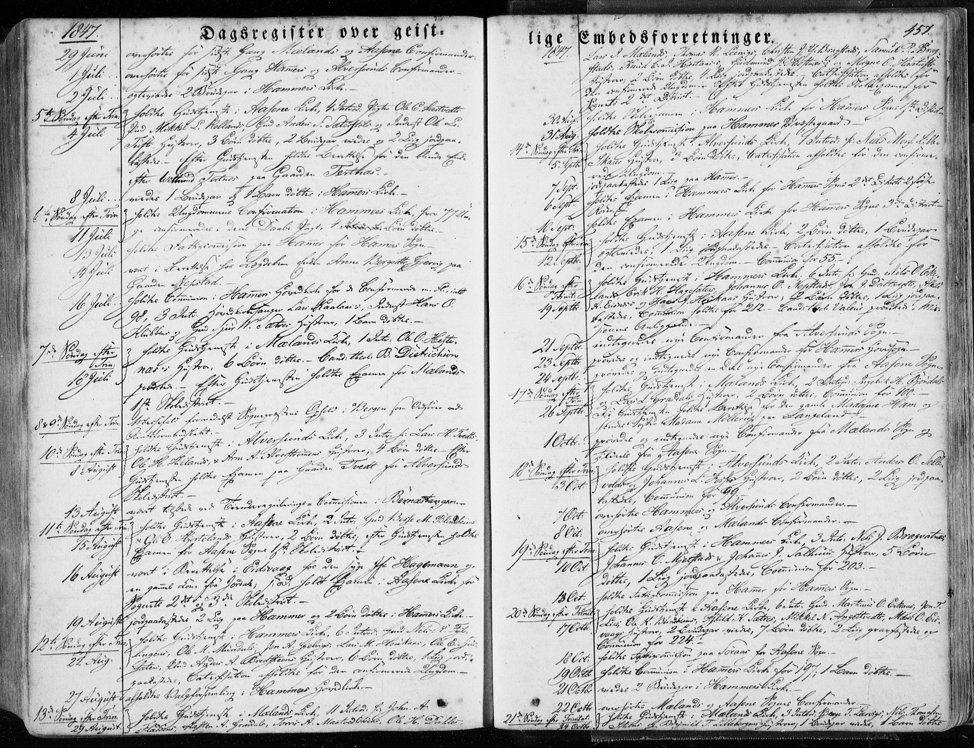 Hamre sokneprestembete, SAB/A-75501/H/Ha/Haa/Haaa/L0013: Parish register (official) no. A 13, 1846-1857, p. 457