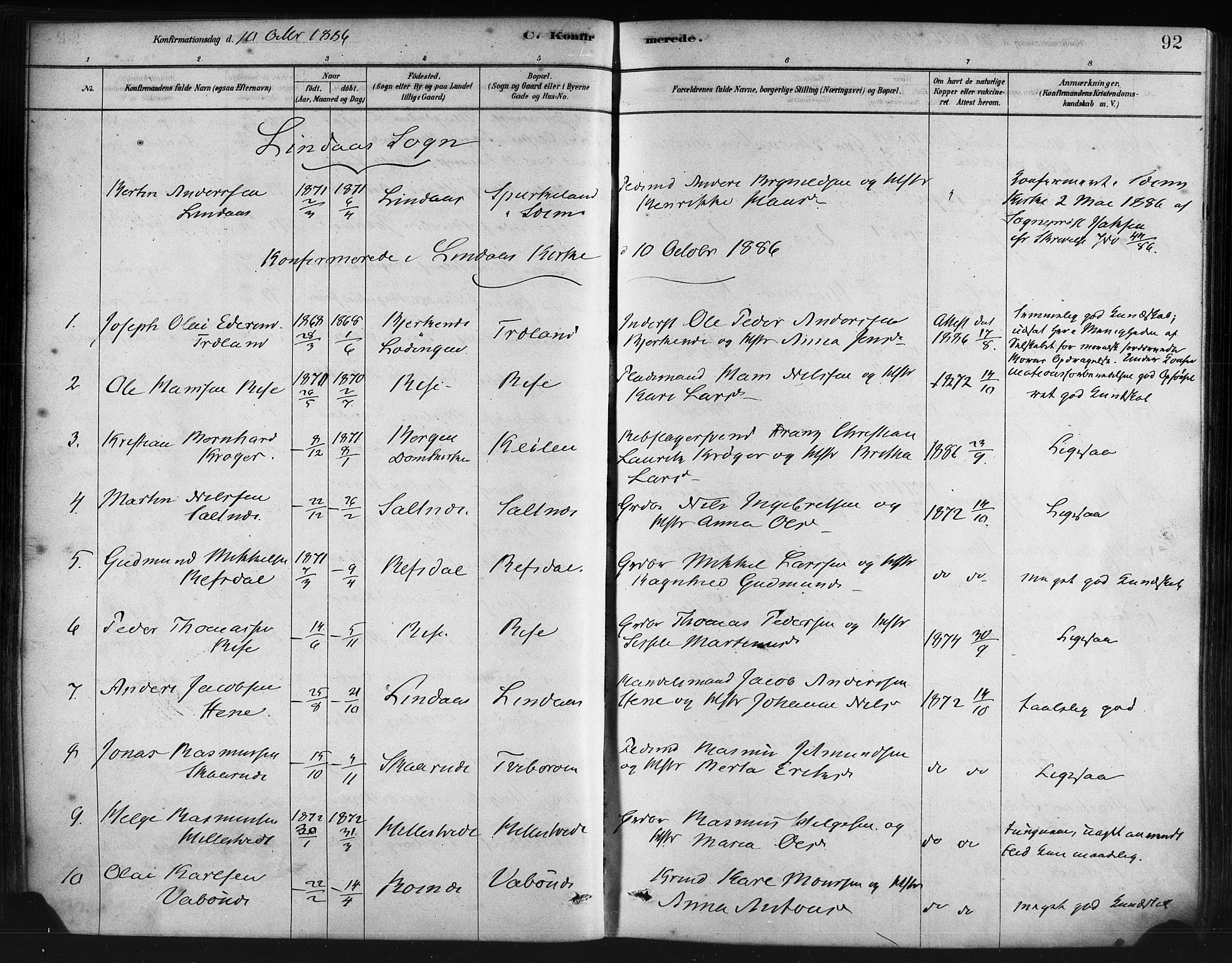 Lindås Sokneprestembete, SAB/A-76701/H/Haa: Parish register (official) no. A 19, 1878-1912, p. 92