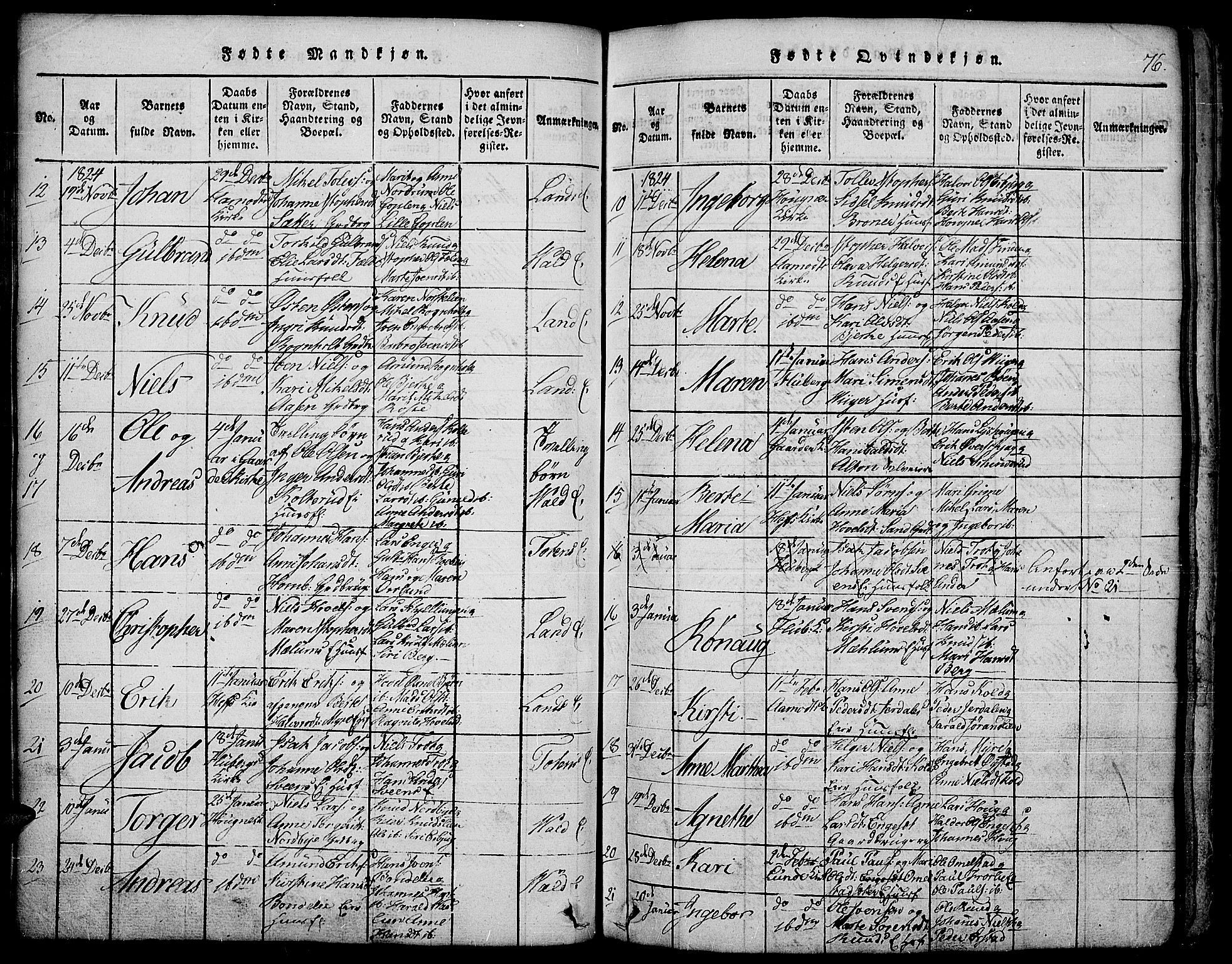 Land prestekontor, SAH/PREST-120/H/Ha/Hab/L0001: Parish register (copy) no. 1, 1814-1833, p. 76