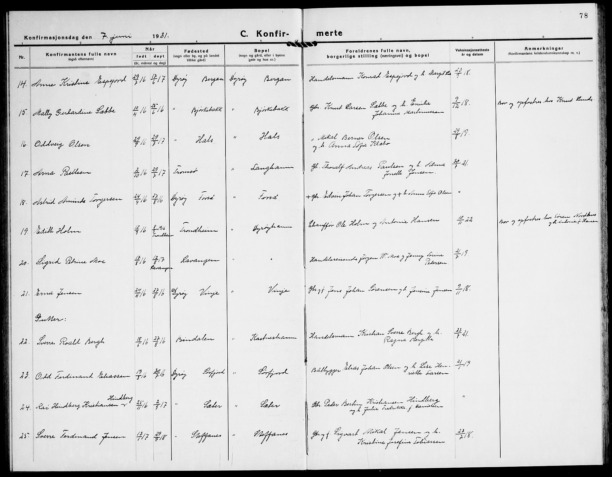 Tranøy sokneprestkontor, AV/SATØ-S-1313/I/Ia/Iab/L0016klokker: Parish register (copy) no. 16, 1930-1945, p. 78