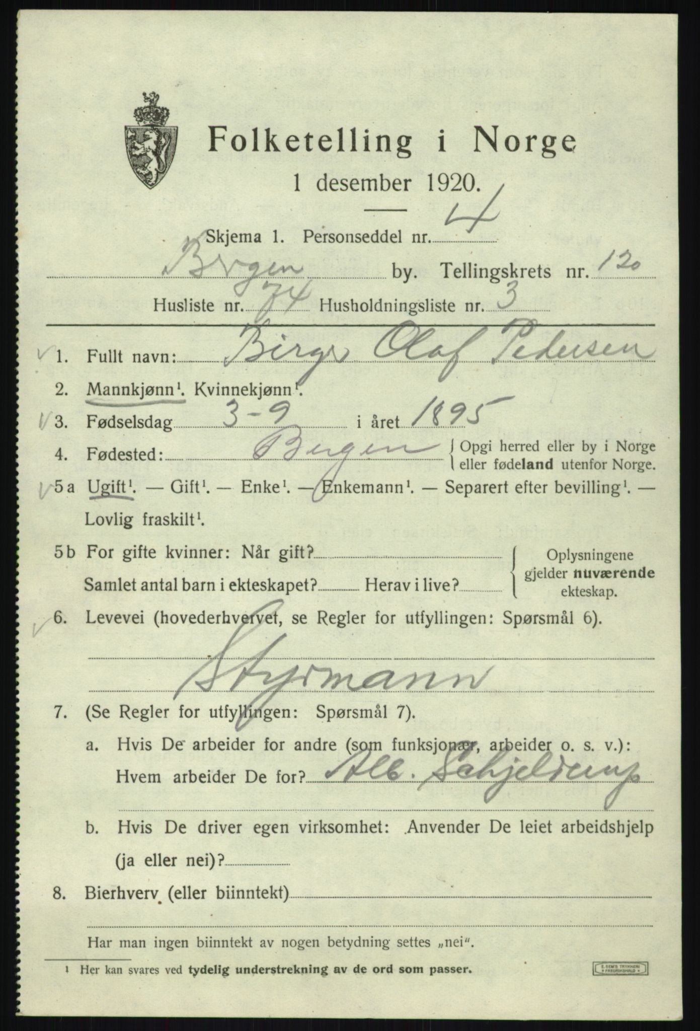 SAB, 1920 census for Bergen, 1920, p. 202725