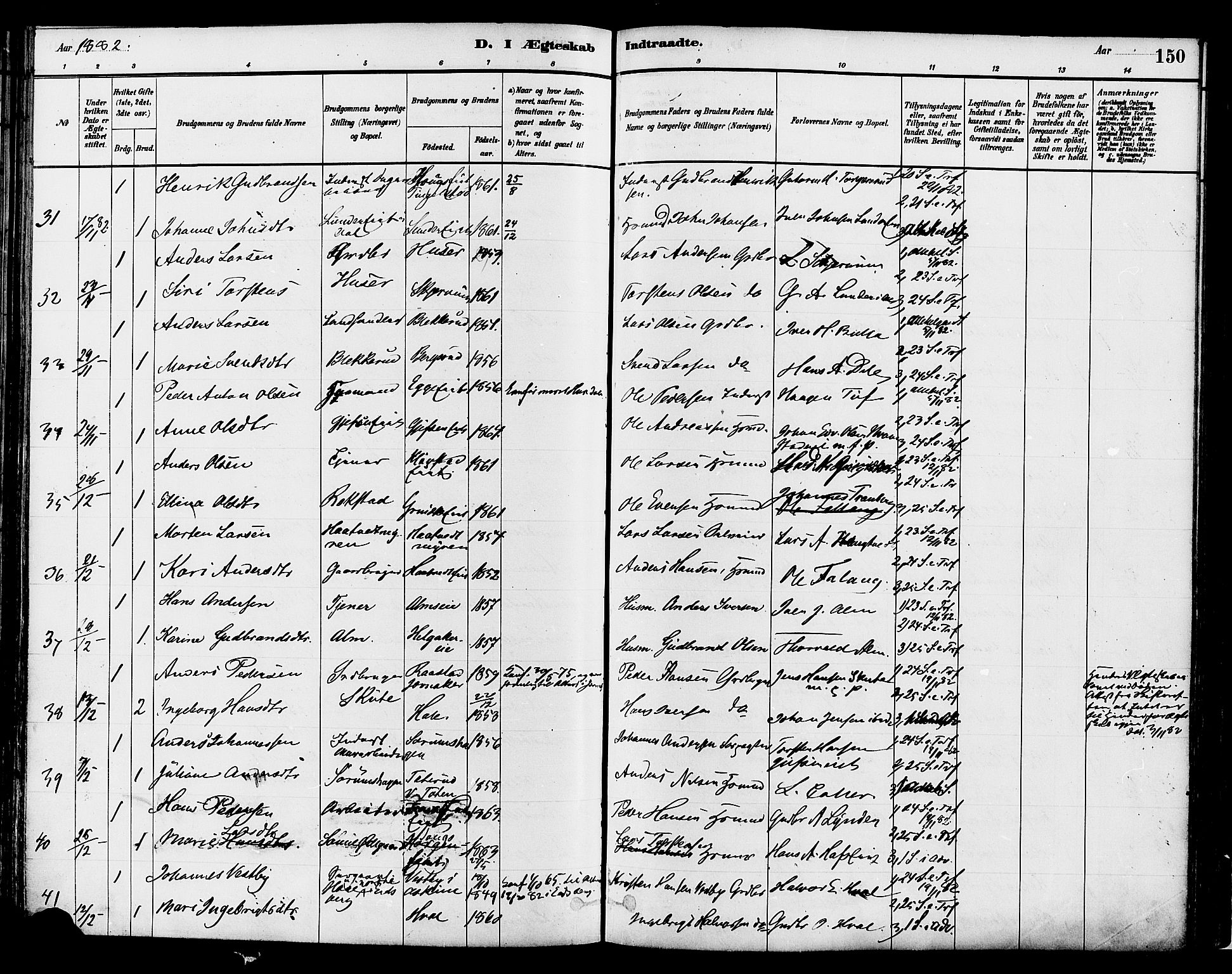 Gran prestekontor, SAH/PREST-112/H/Ha/Haa/L0014: Parish register (official) no. 14, 1880-1889, p. 150
