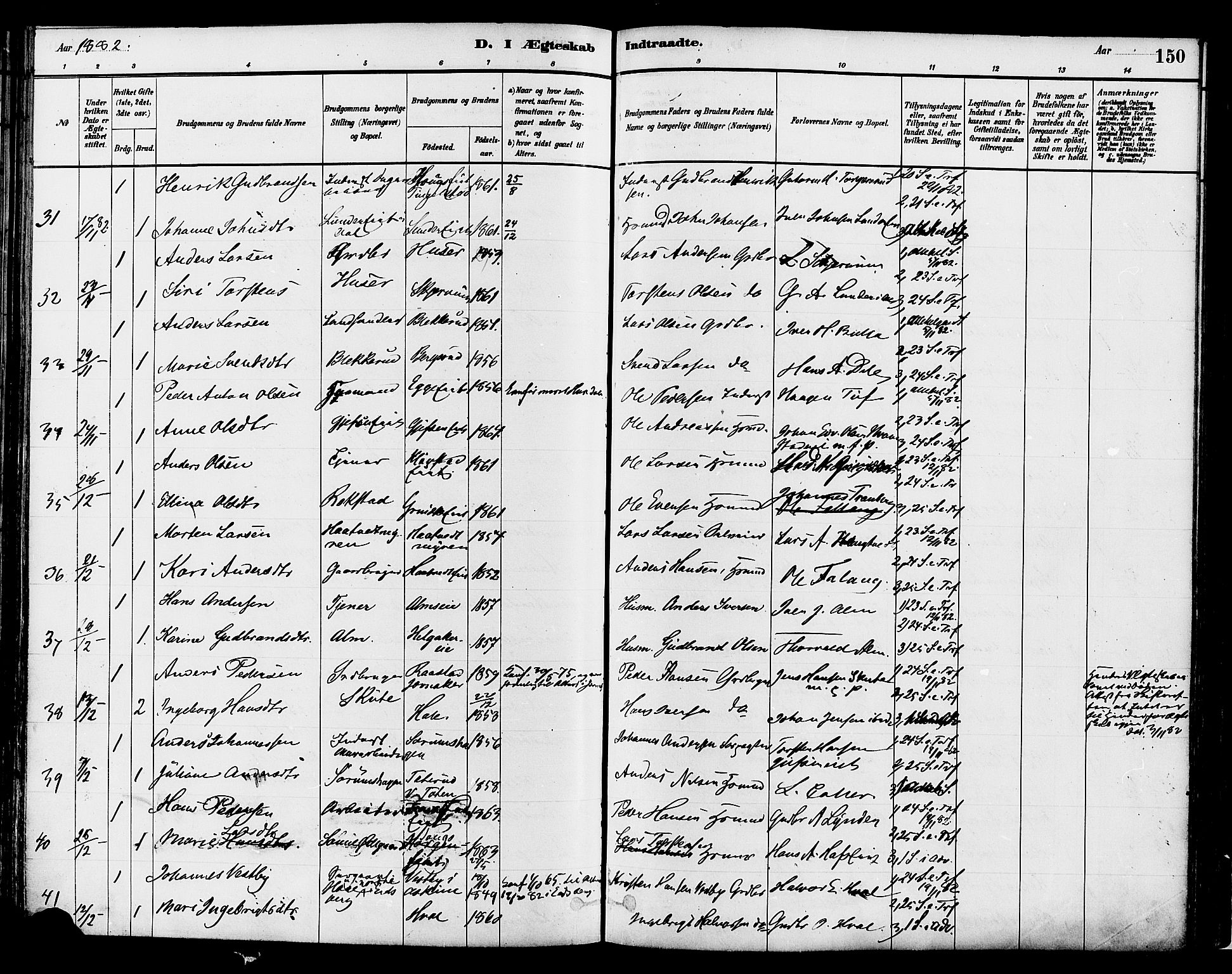 Gran prestekontor, AV/SAH-PREST-112/H/Ha/Haa/L0014: Parish register (official) no. 14, 1880-1889, p. 150