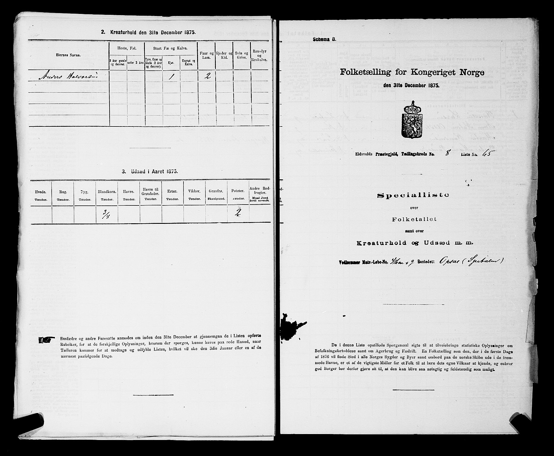 RA, 1875 census for 0237P Eidsvoll, 1875, p. 1204