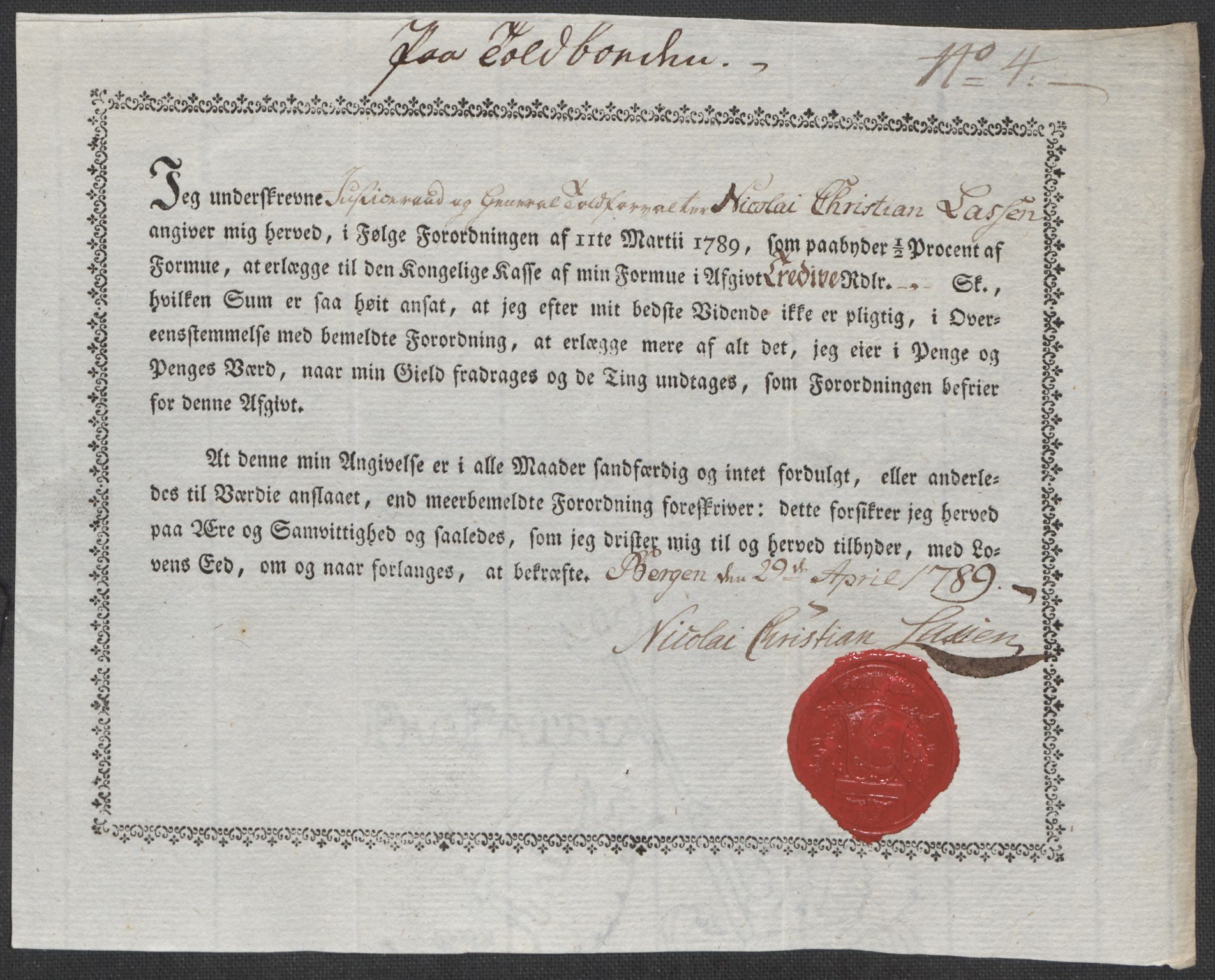 Rentekammeret inntil 1814, Reviderte regnskaper, Mindre regnskaper, AV/RA-EA-4068/Rf/Rfe/L0003: Bergen. Bragernes, 1789, p. 221