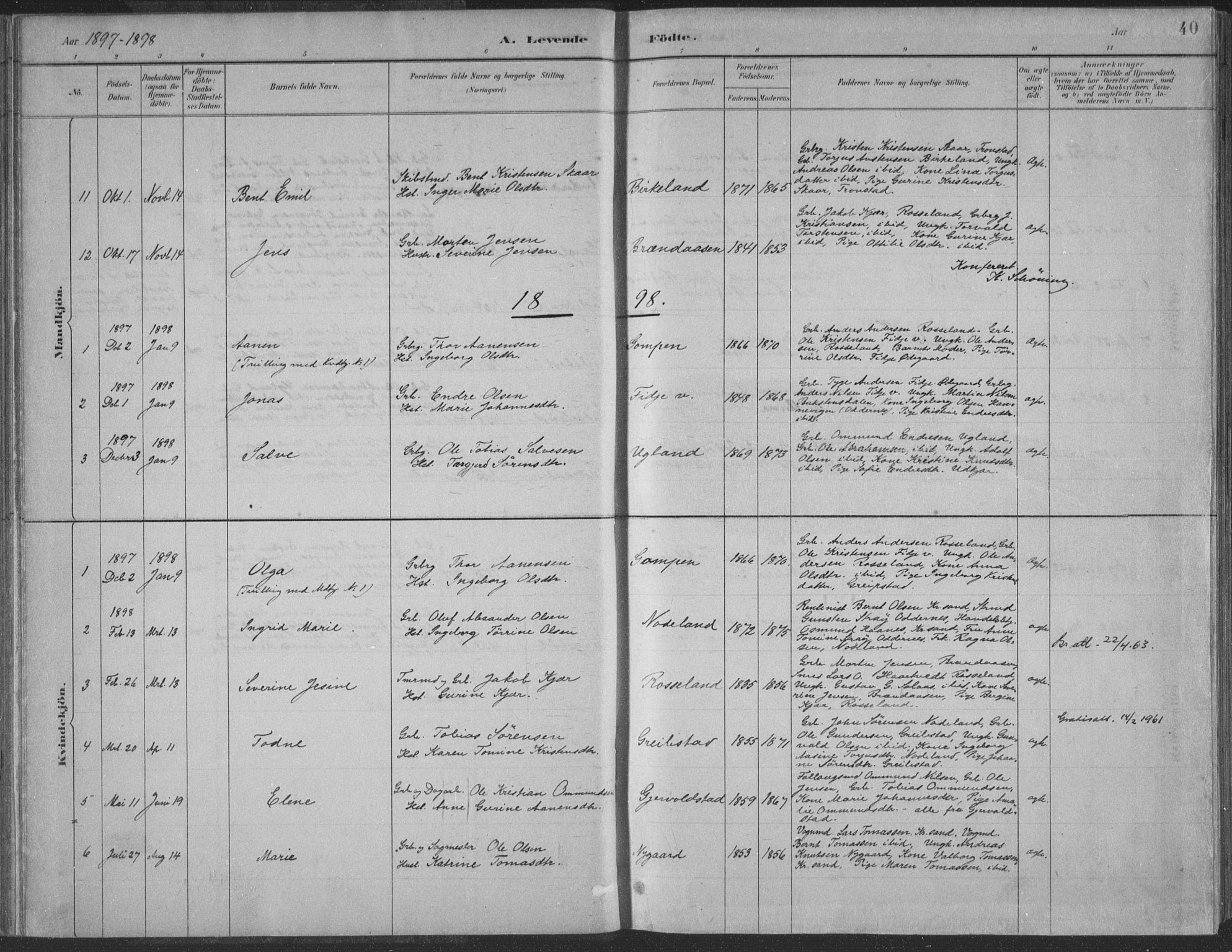 Søgne sokneprestkontor, AV/SAK-1111-0037/F/Fa/Faa/L0003: Parish register (official) no. A 3, 1883-1910, p. 40