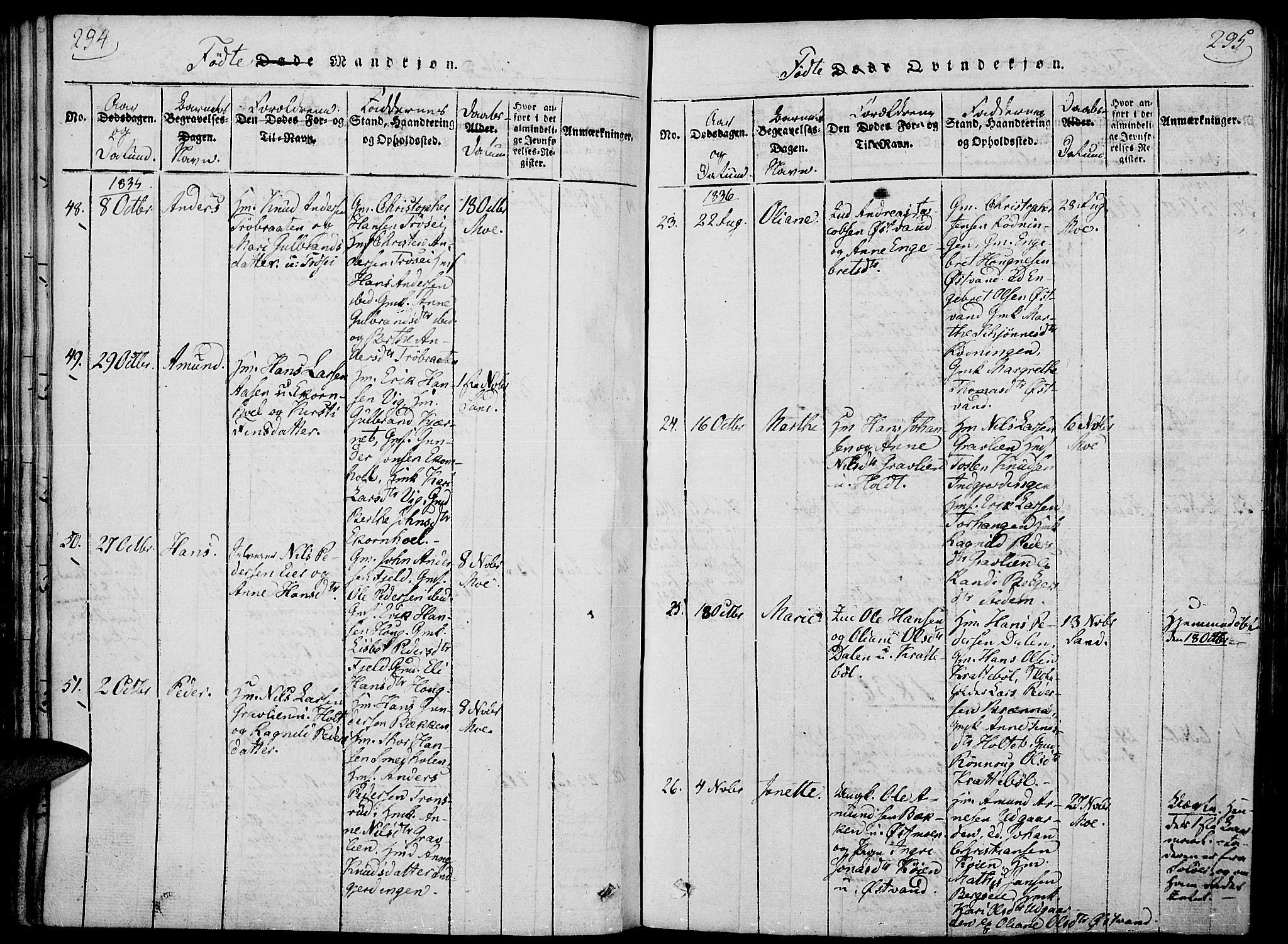 Nord-Odal prestekontor, AV/SAH-PREST-032/H/Ha/Haa/L0001: Parish register (official) no. 1, 1819-1838, p. 294-295