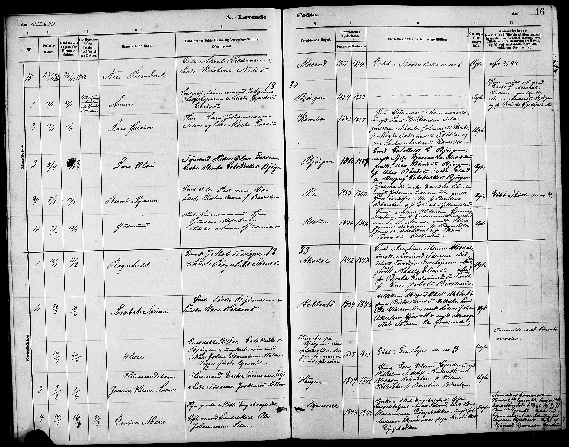 Etne sokneprestembete, SAB/A-75001/H/Hab: Parish register (copy) no. B 4, 1879-1897, p. 16