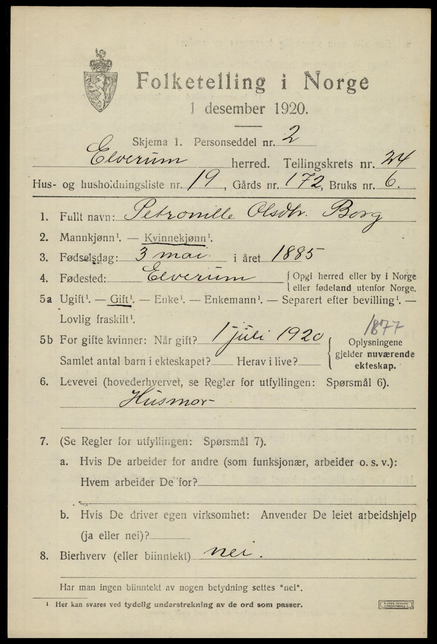 SAH, 1920 census for Elverum, 1920, p. 25726