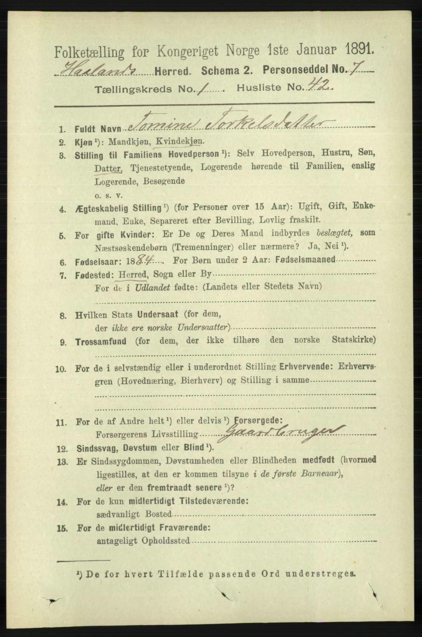 RA, 1891 census for 1124 Haaland, 1891, p. 424