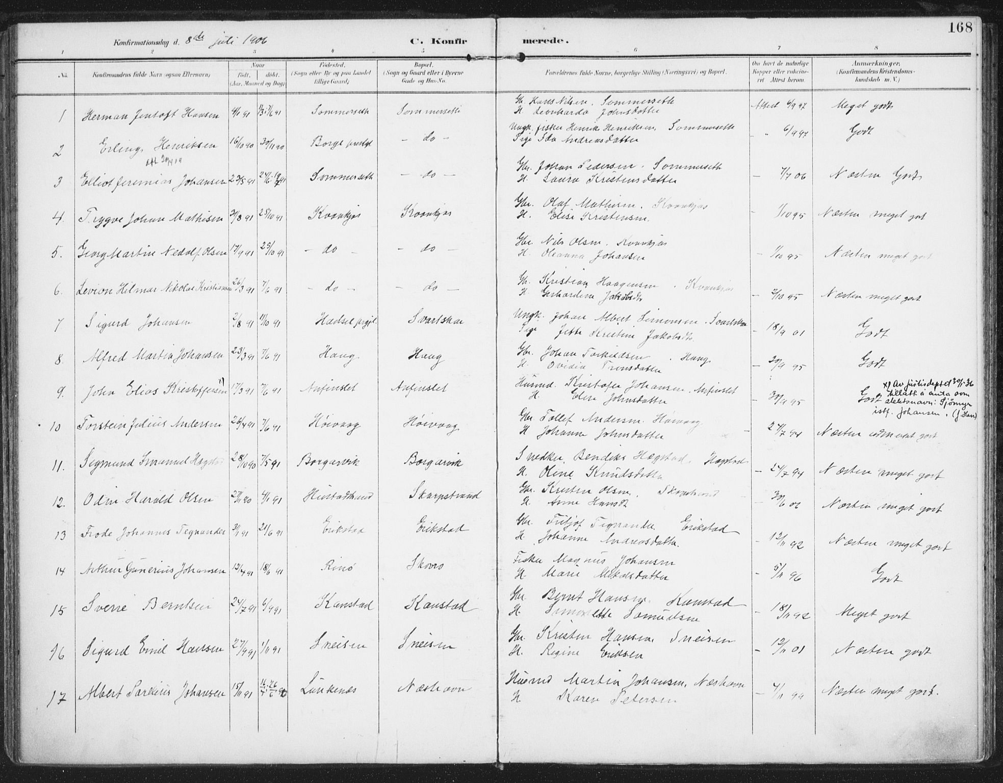 Ministerialprotokoller, klokkerbøker og fødselsregistre - Nordland, AV/SAT-A-1459/872/L1036: Parish register (official) no. 872A11, 1897-1913, p. 168