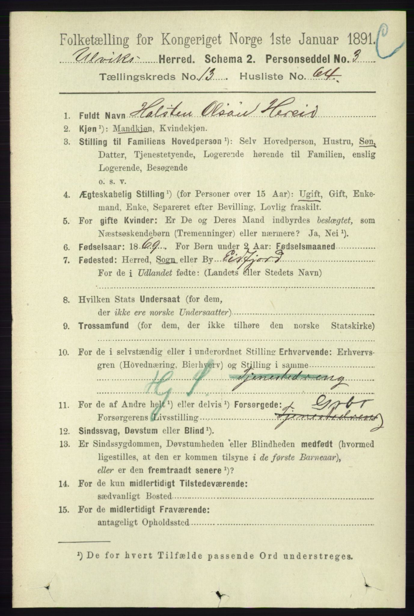 RA, 1891 census for 1233 Ulvik, 1891, p. 4200