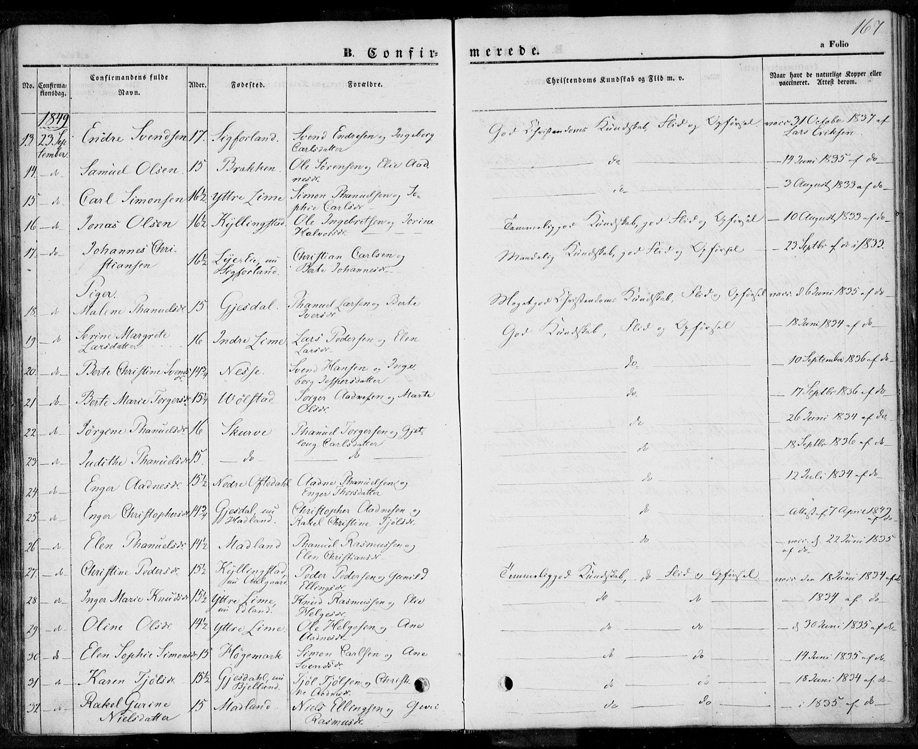 Lye sokneprestkontor, SAST/A-101794/001/30BA/L0005: Parish register (official) no. A 5.1, 1842-1855, p. 167