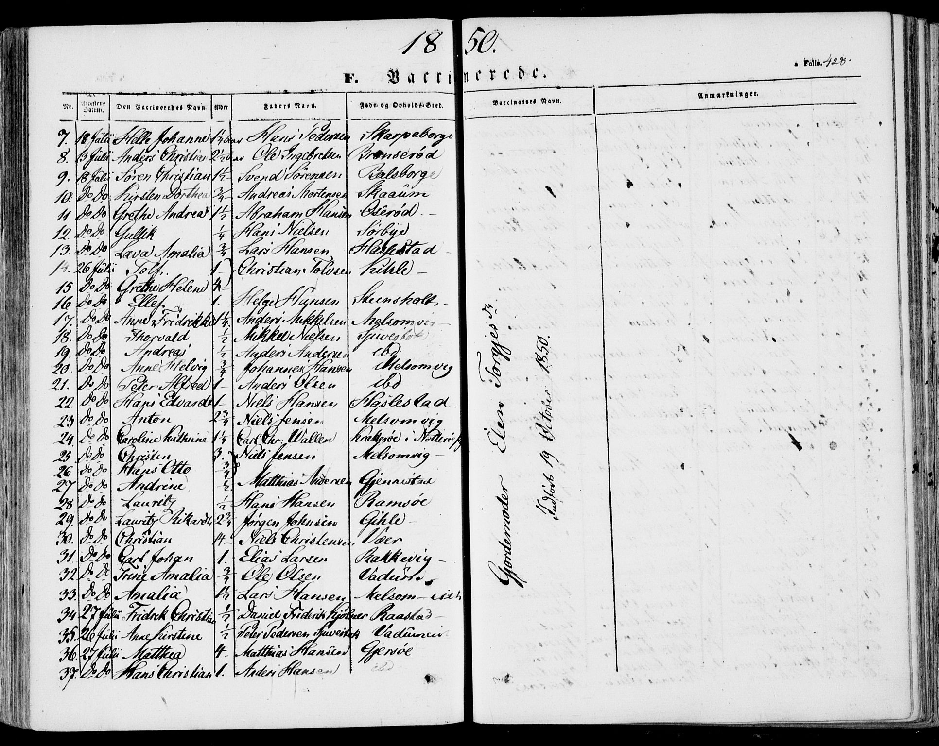 Stokke kirkebøker, AV/SAKO-A-320/F/Fa/L0007: Parish register (official) no. I 7, 1844-1857, p. 428