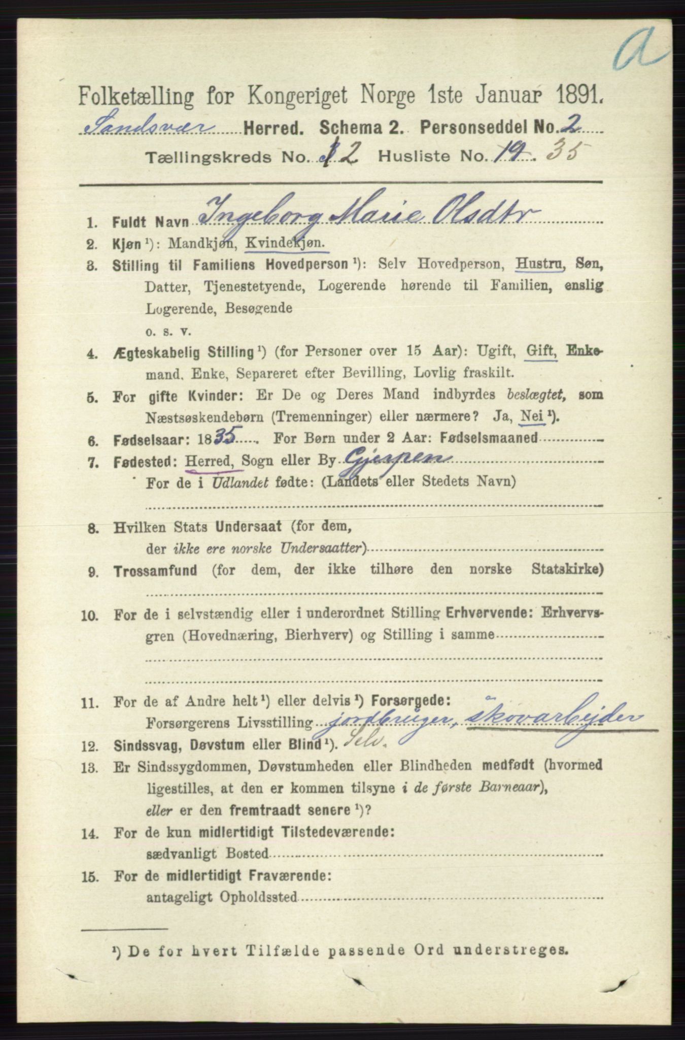 RA, 1891 census for 0629 Sandsvær, 1891, p. 885