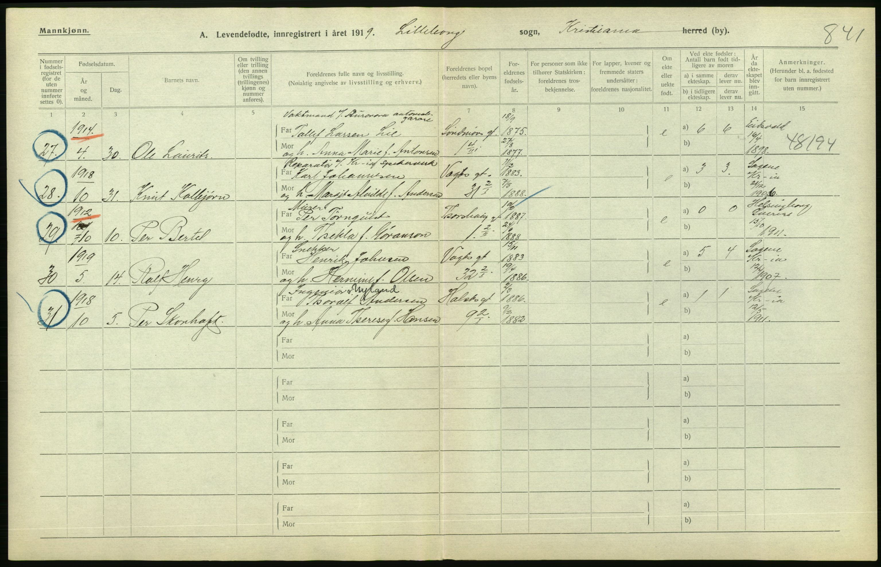 Statistisk sentralbyrå, Sosiodemografiske emner, Befolkning, AV/RA-S-2228/D/Df/Dfb/Dfbi/L0008: Kristiania: Levendefødte menn og kvinner., 1919