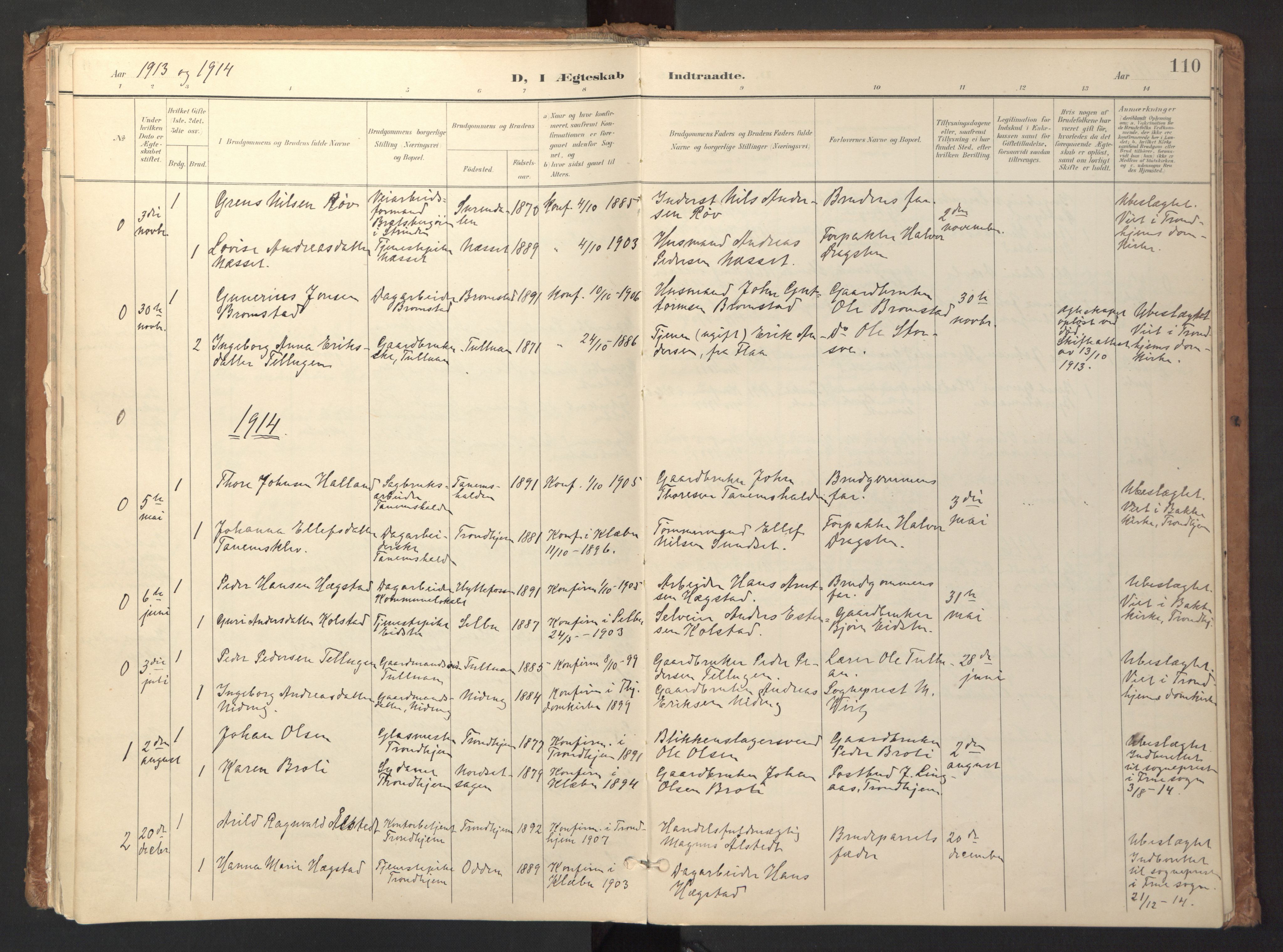 Ministerialprotokoller, klokkerbøker og fødselsregistre - Sør-Trøndelag, SAT/A-1456/618/L0448: Parish register (official) no. 618A11, 1898-1916, p. 110
