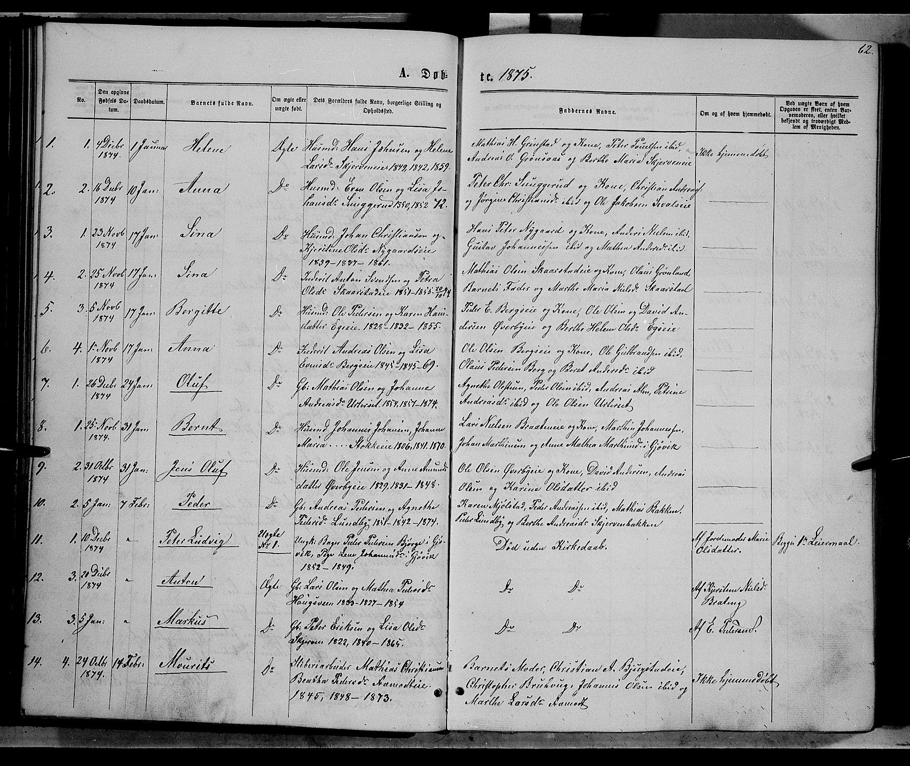 Vardal prestekontor, SAH/PREST-100/H/Ha/Hab/L0006: Parish register (copy) no. 6, 1869-1881, p. 62