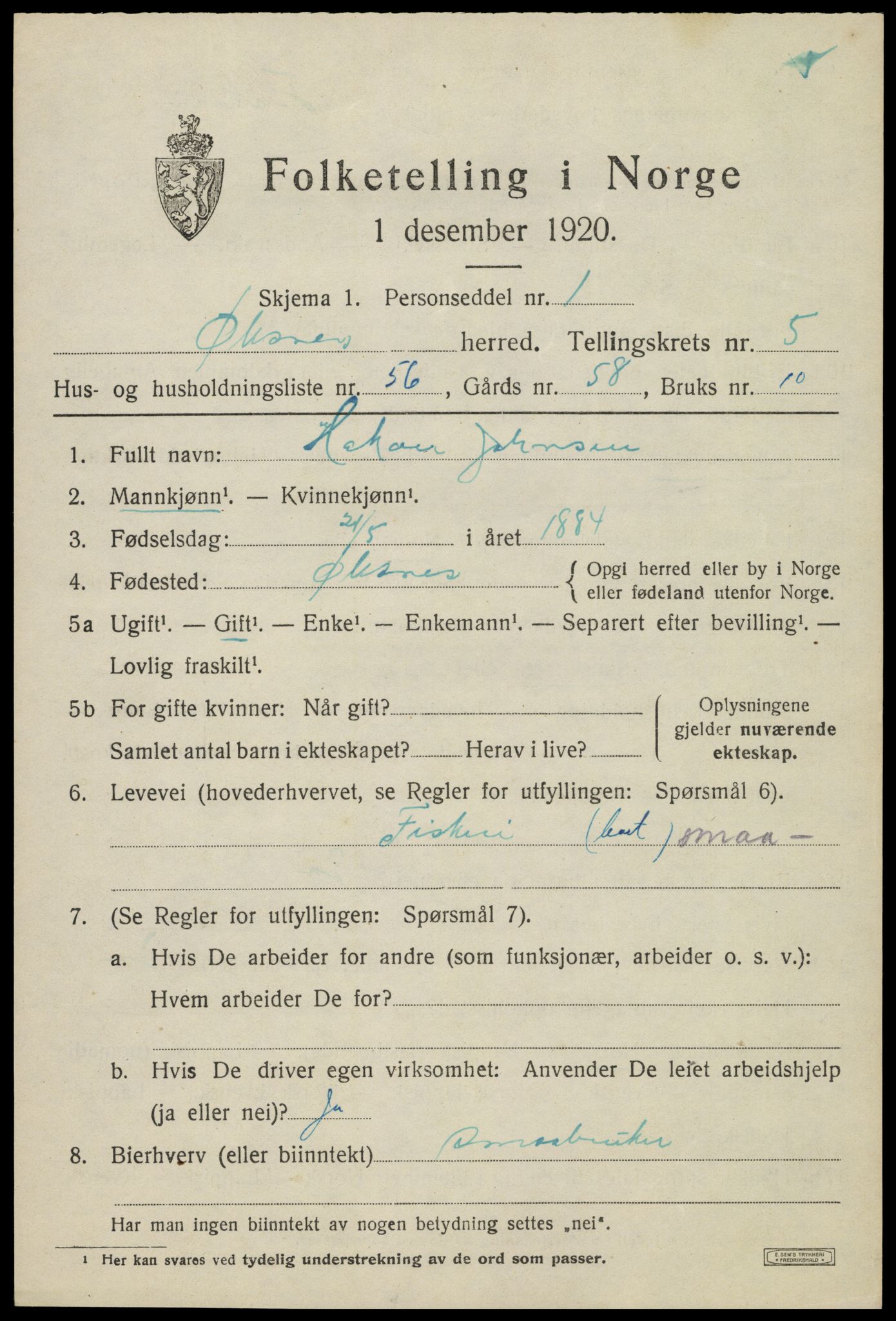 SAT, 1920 census for Øksnes, 1920, p. 4592