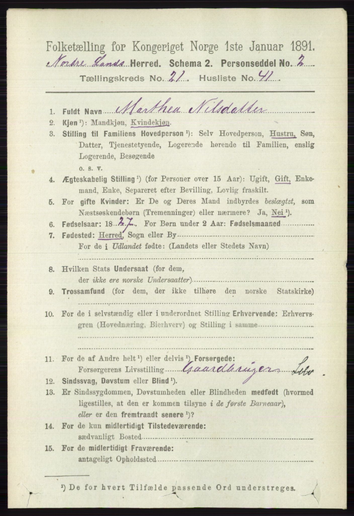 RA, 1891 census for 0538 Nordre Land, 1891, p. 5508