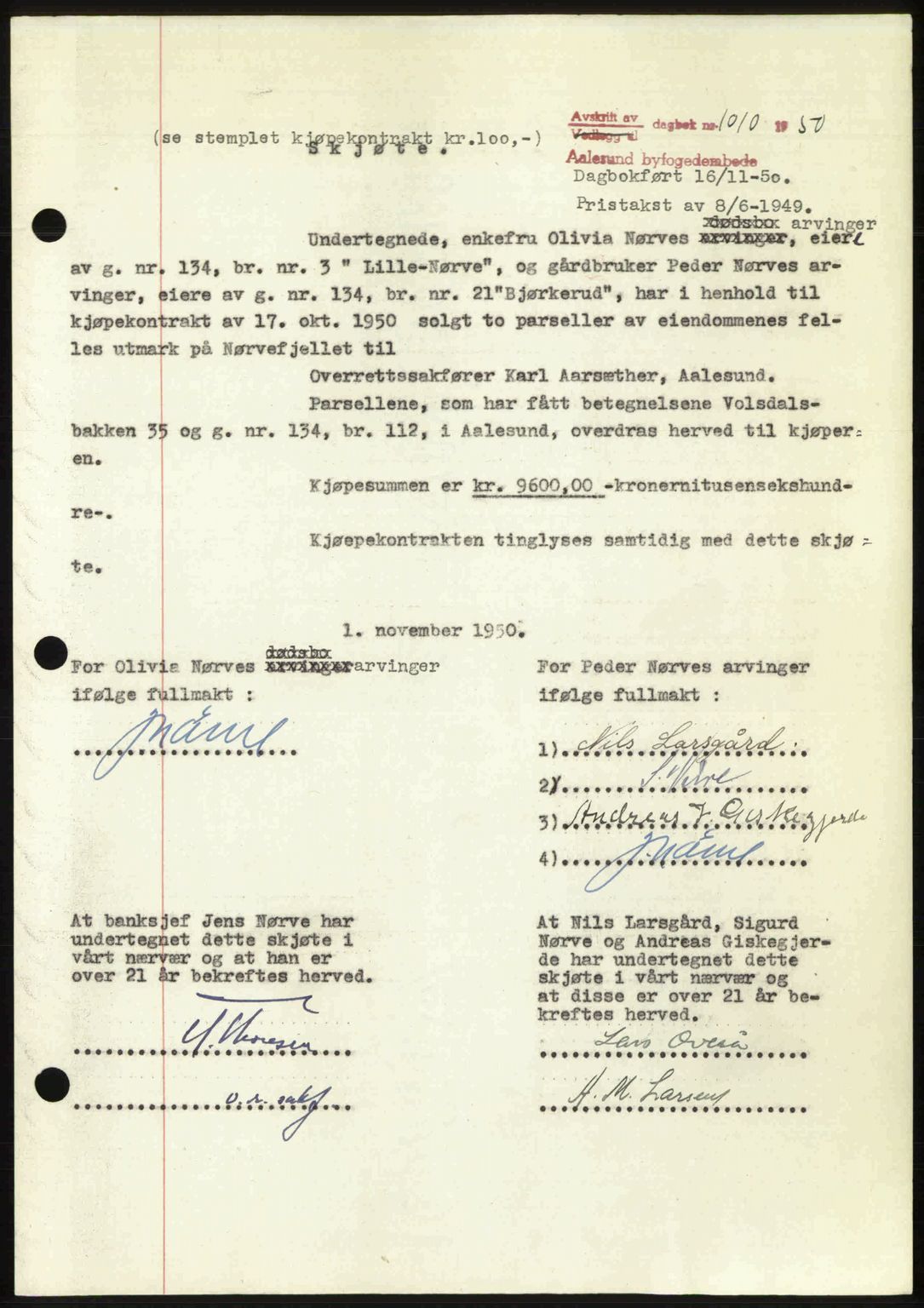 Ålesund byfogd, AV/SAT-A-4384: Mortgage book no. 37A (2), 1949-1950, Diary no: : 1010/1950
