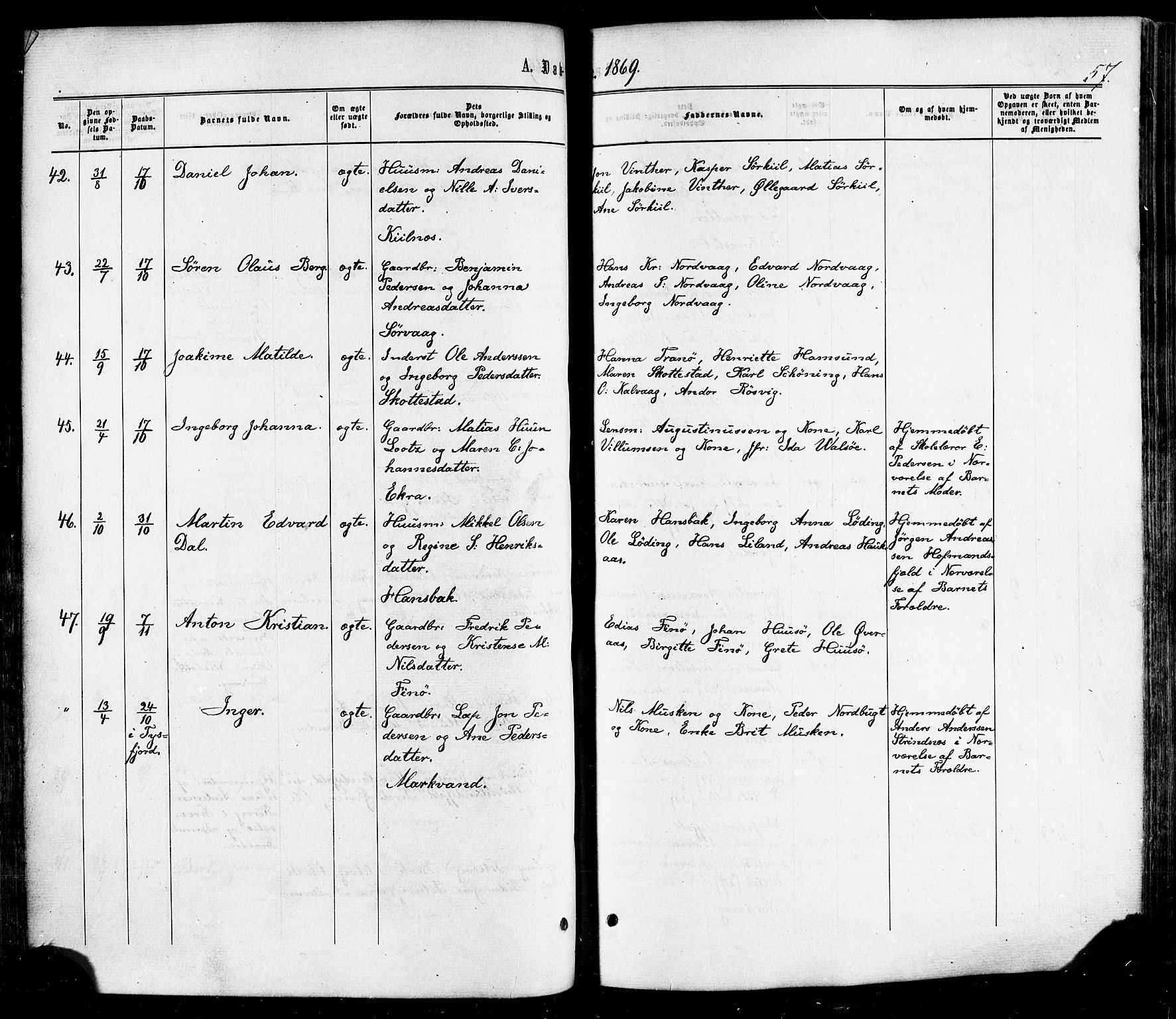 Ministerialprotokoller, klokkerbøker og fødselsregistre - Nordland, SAT/A-1459/859/L0845: Parish register (official) no. 859A05, 1863-1877, p. 57