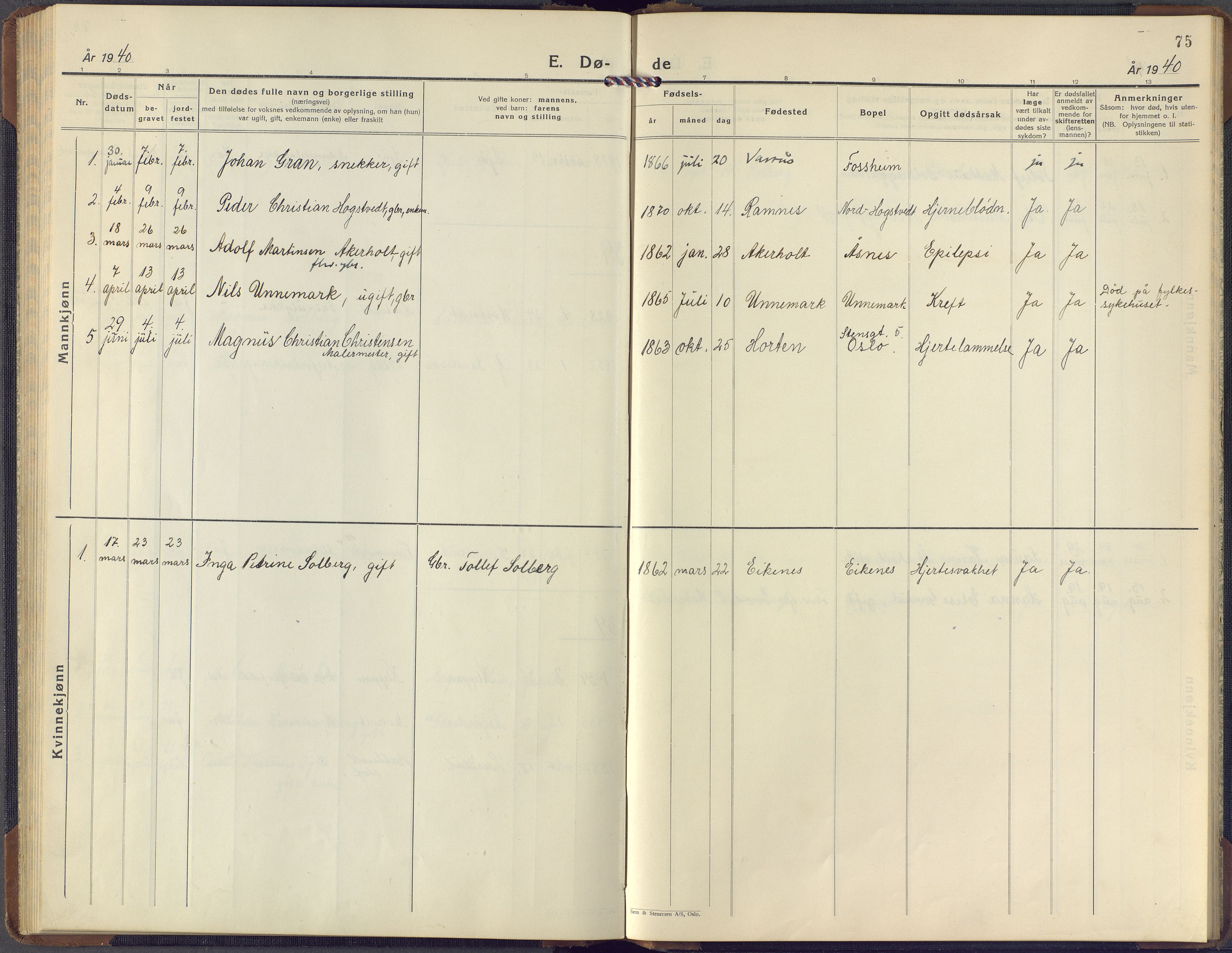 Hof kirkebøker, AV/SAKO-A-64/G/Gb/L0005: Parish register (copy) no. II 5, 1932-1959, p. 75