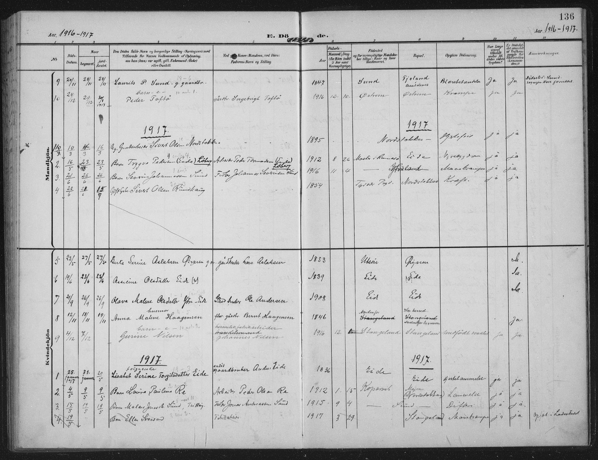 Kopervik sokneprestkontor, AV/SAST-A-101850/H/Ha/Haa/L0003: Parish register (official) no. A 3, 1906-1924, p. 136