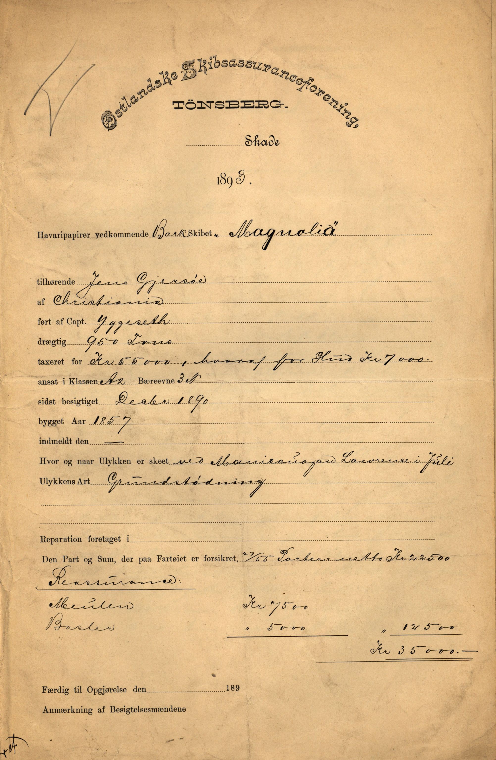 Pa 63 - Østlandske skibsassuranceforening, VEMU/A-1079/G/Ga/L0030/0007: Havaridokumenter / Furu, Magnhild, Magnolia, Havfruen, Tichborne, 1893, p. 8