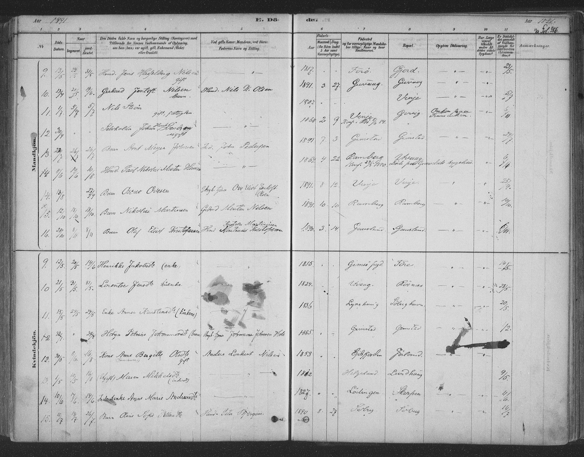 Ministerialprotokoller, klokkerbøker og fødselsregistre - Nordland, AV/SAT-A-1459/891/L1302: Parish register (official) no. 891A07, 1878-1895, p. 386