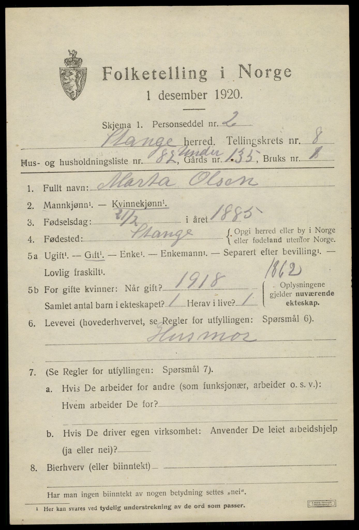 SAH, 1920 census for Stange, 1920, p. 14573