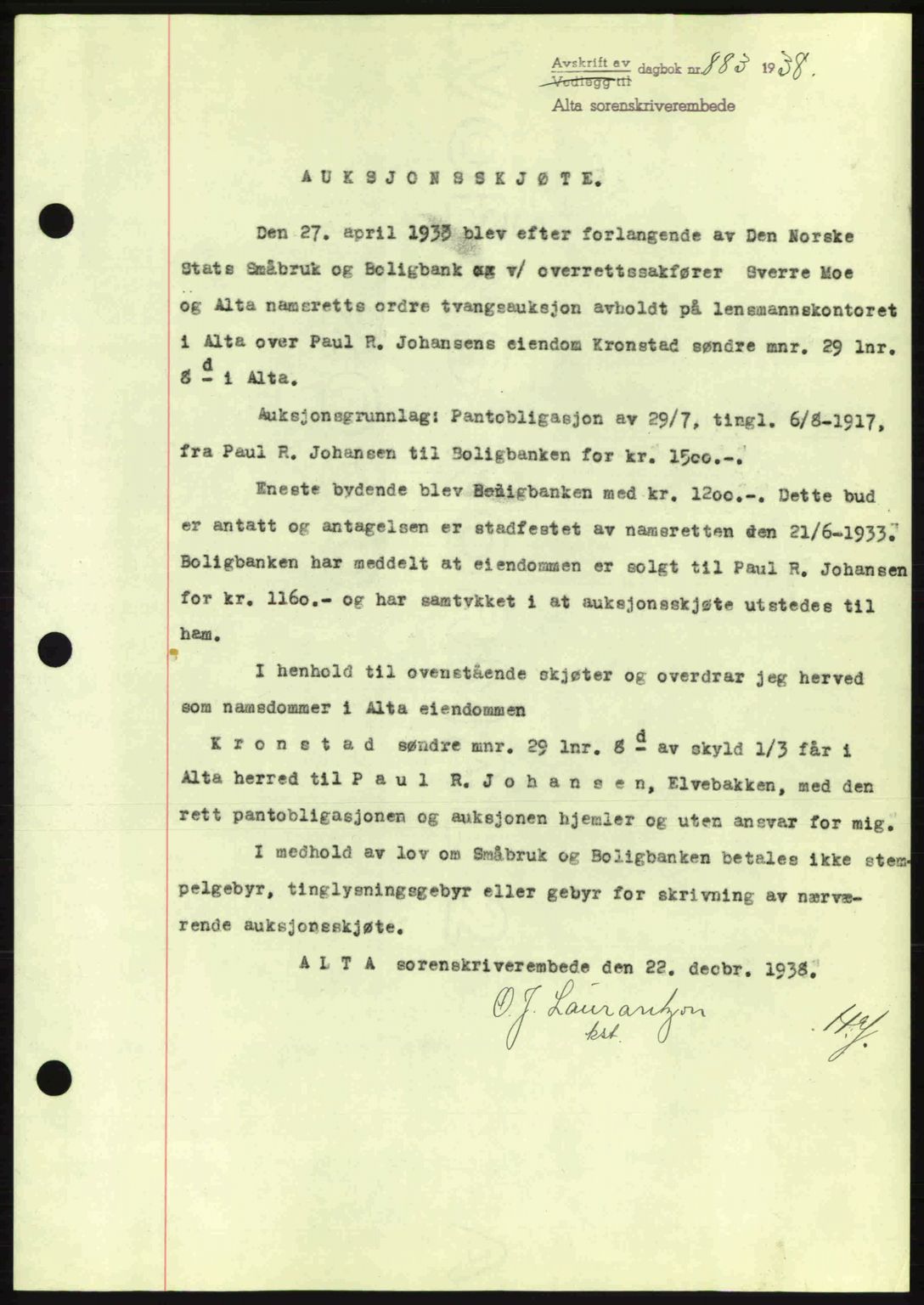 Alta fogderi/sorenskriveri, SATØ/SATØ-5/1/K/Kd/L0031pantebok: Mortgage book no. 31, 1938-1939, Diary no: : 883/1938