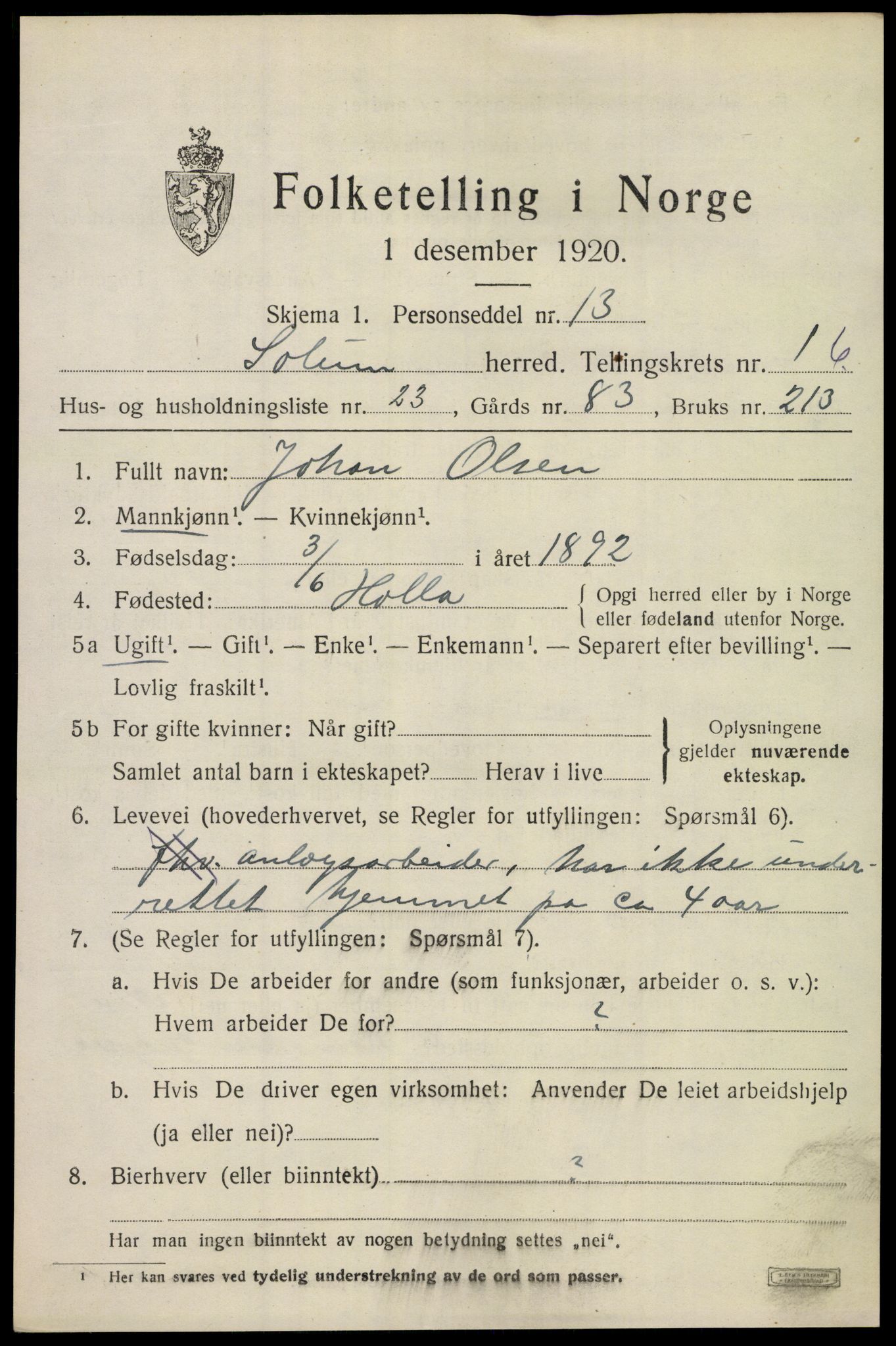 SAKO, 1920 census for Solum, 1920, p. 4646