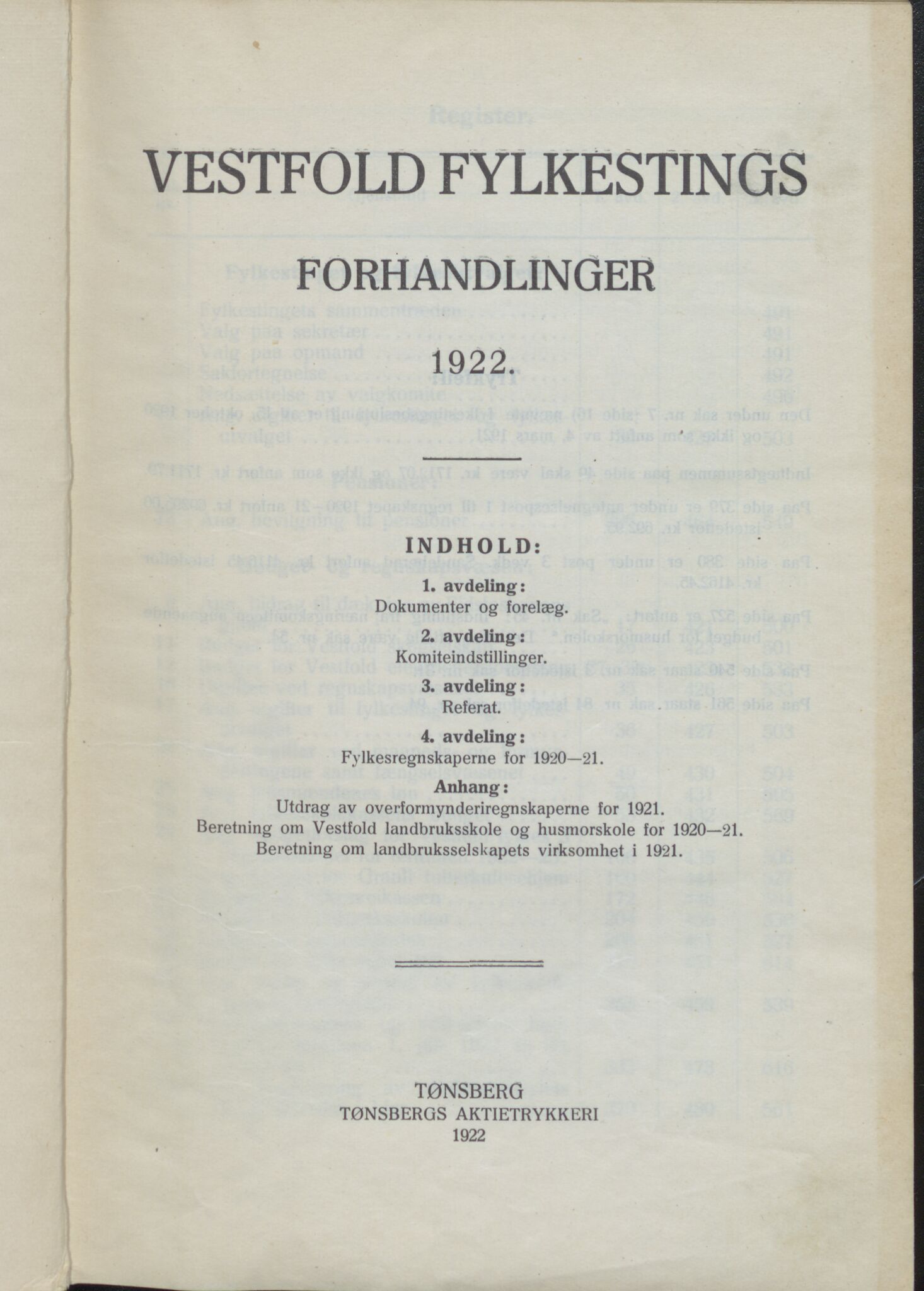 Vestfold fylkeskommune. Fylkestinget, VEMU/A-1315/A/Ab/Abb/L0072: Fylkestingsforhandlinger, 1922