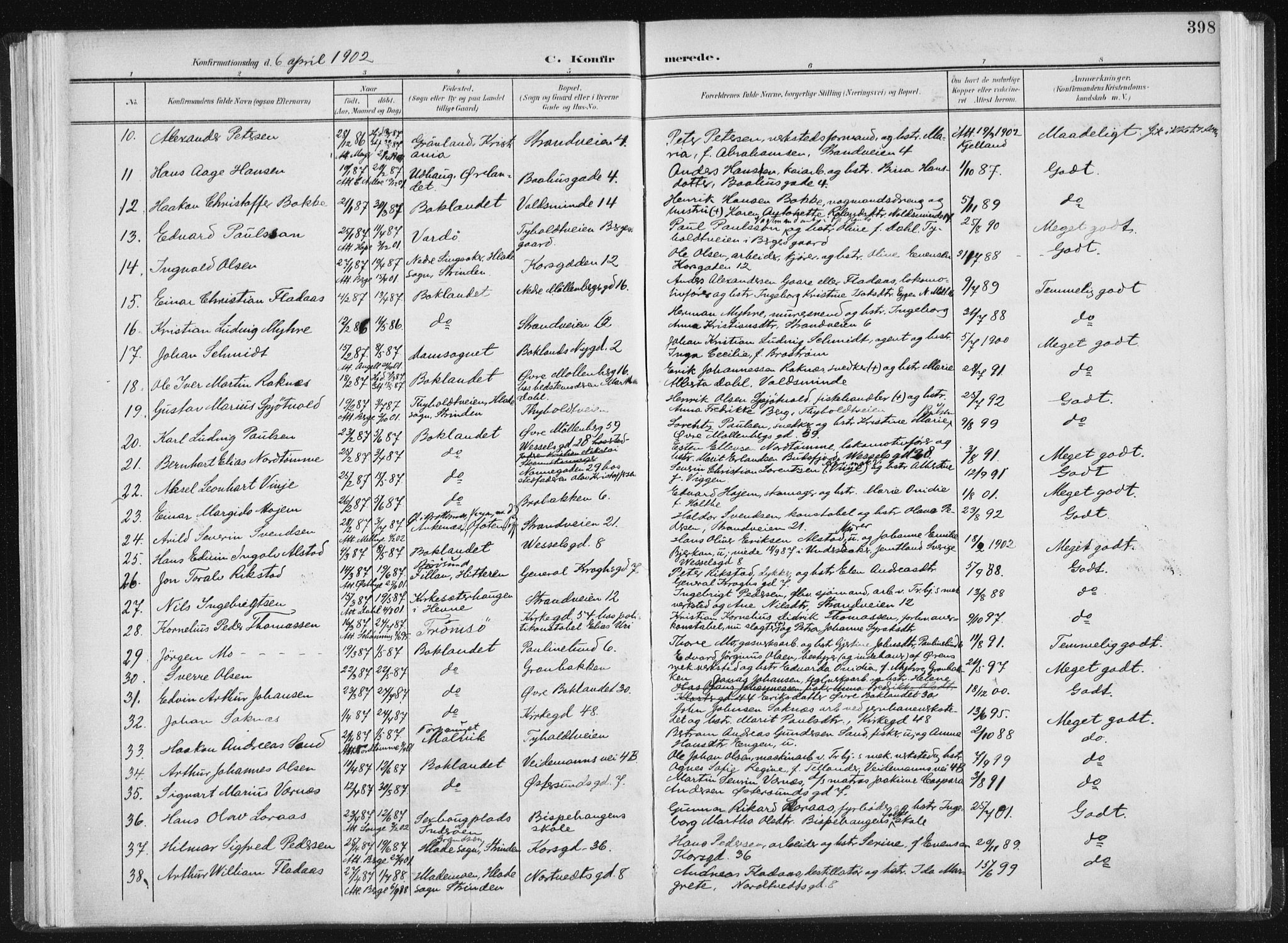 Ministerialprotokoller, klokkerbøker og fødselsregistre - Sør-Trøndelag, SAT/A-1456/604/L0200: Parish register (official) no. 604A20II, 1901-1908, p. 398